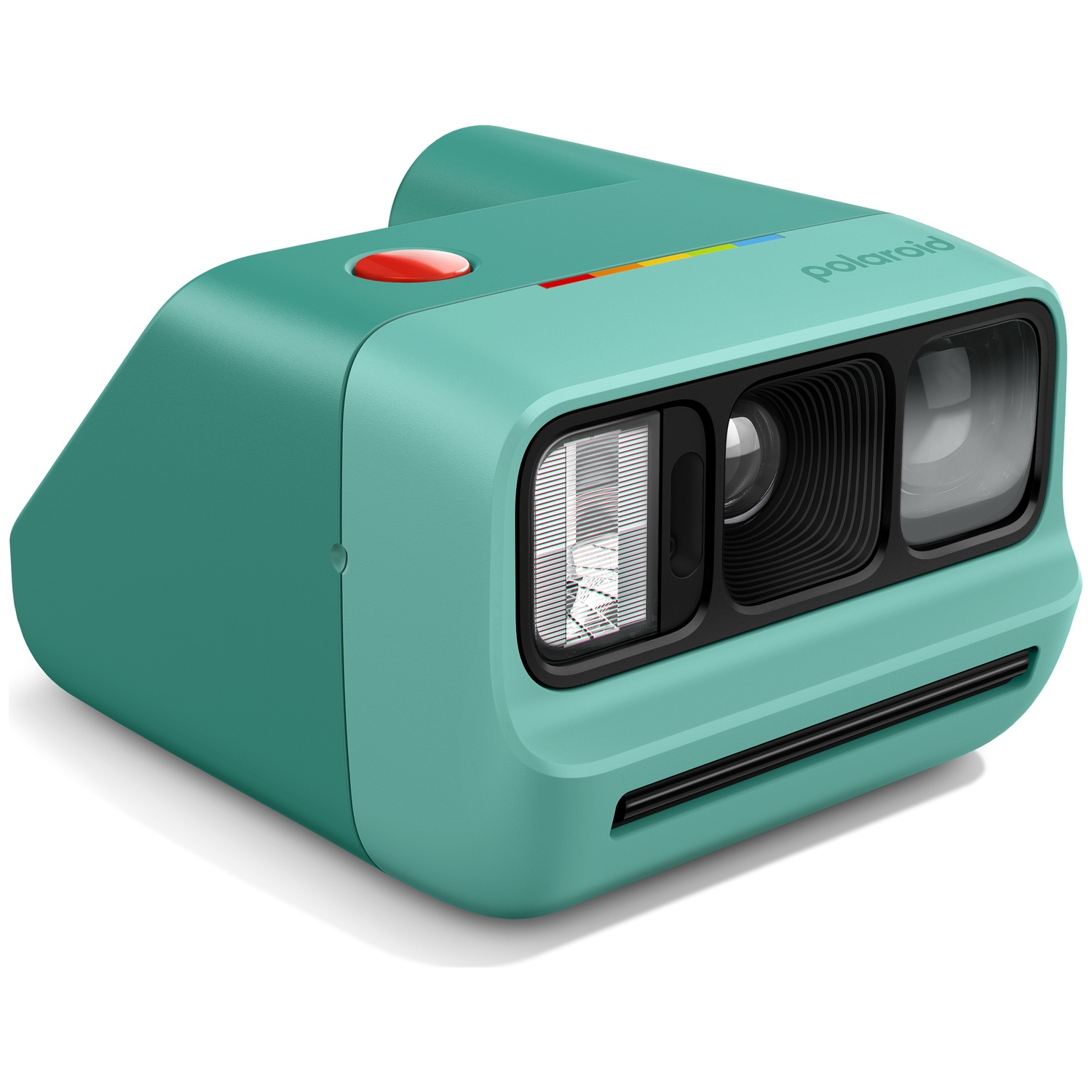 Un appareil photo Polaroid turquoise avec un bouton rouge et des rayures arc-en-ciel.