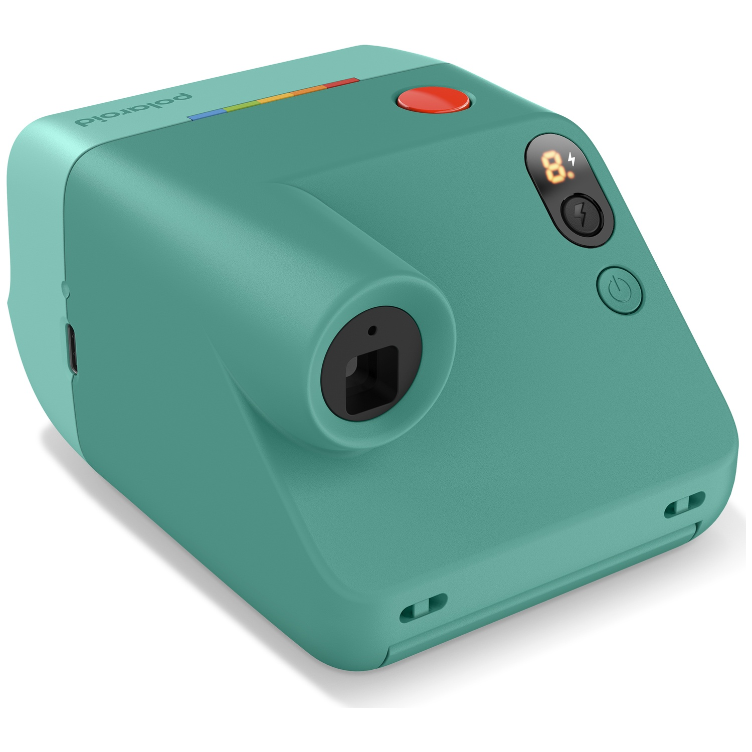 Un appareil photo instantané turquoise avec des accents rouges et colorés.
