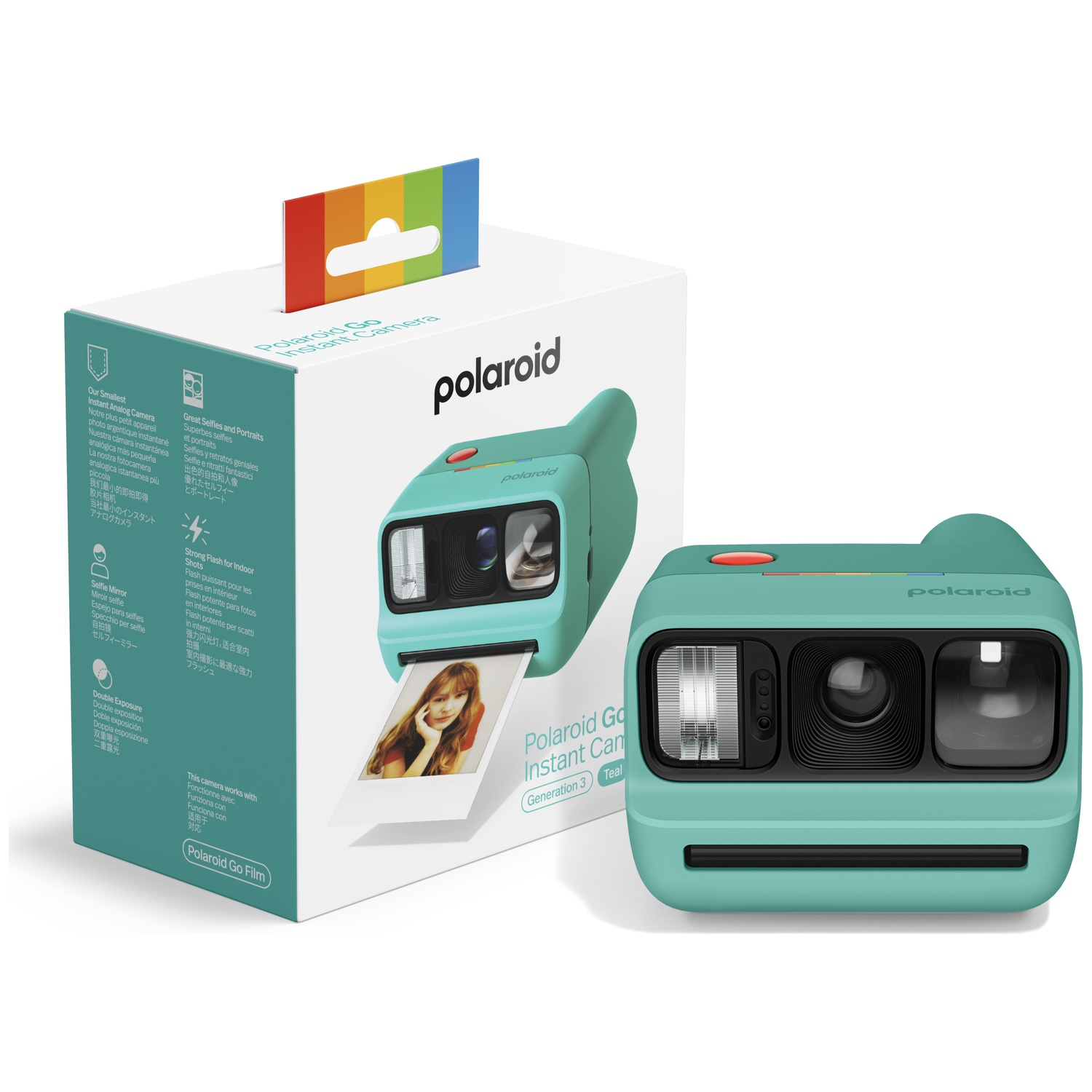 Appareil photo instantané Polaroid Go turquoise avec une photo éjectée. Boîte en arrière-plan.