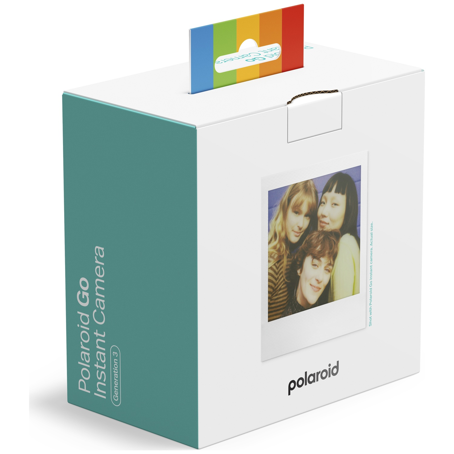 Boîte blanche pour appareil photo instantané Polaroid Go, côté turquoise, photo et languette arc-en-ciel.