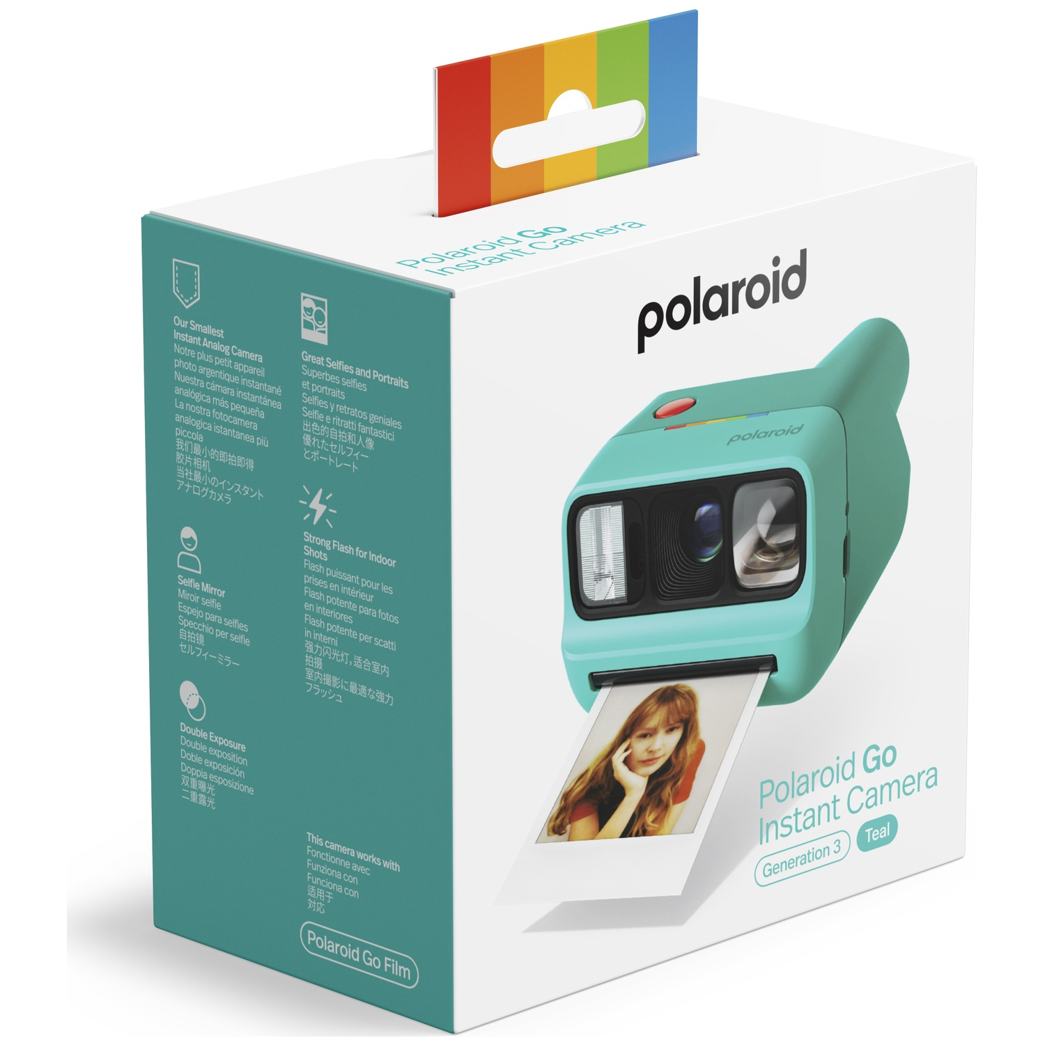 La boîte de l'appareil photo instantané Polaroid Go turquoise avec une photo imprimée.