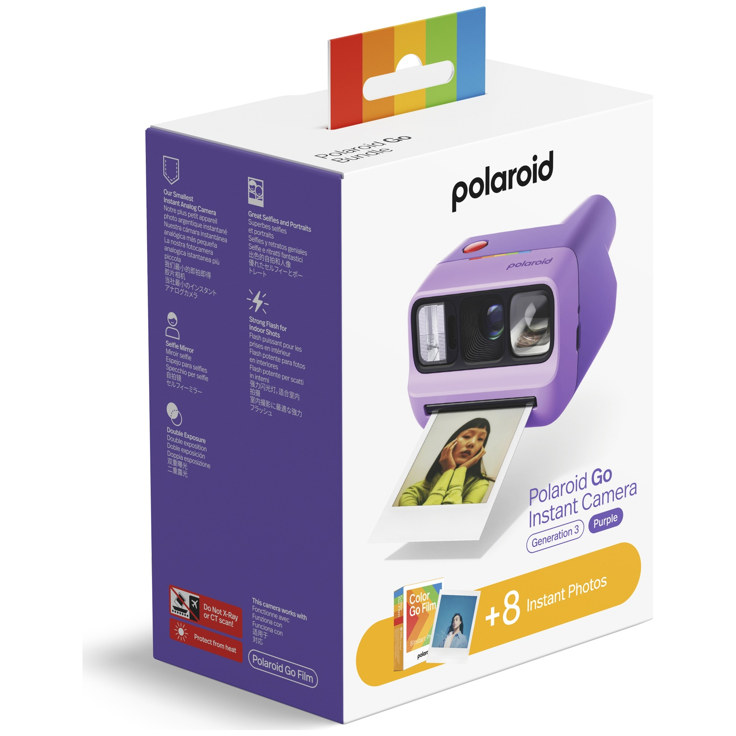 Emballage violet d'appareil photo instantané Polaroid Go avec appareil et photos.