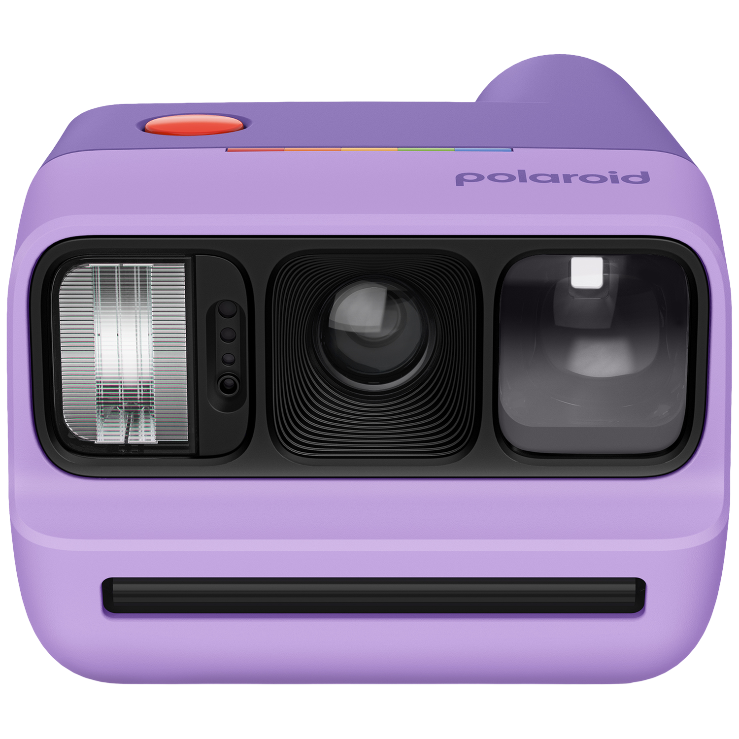 Un appareil photo instantané violet avec bouton rouge, flash, objectif et logo Polaroid.