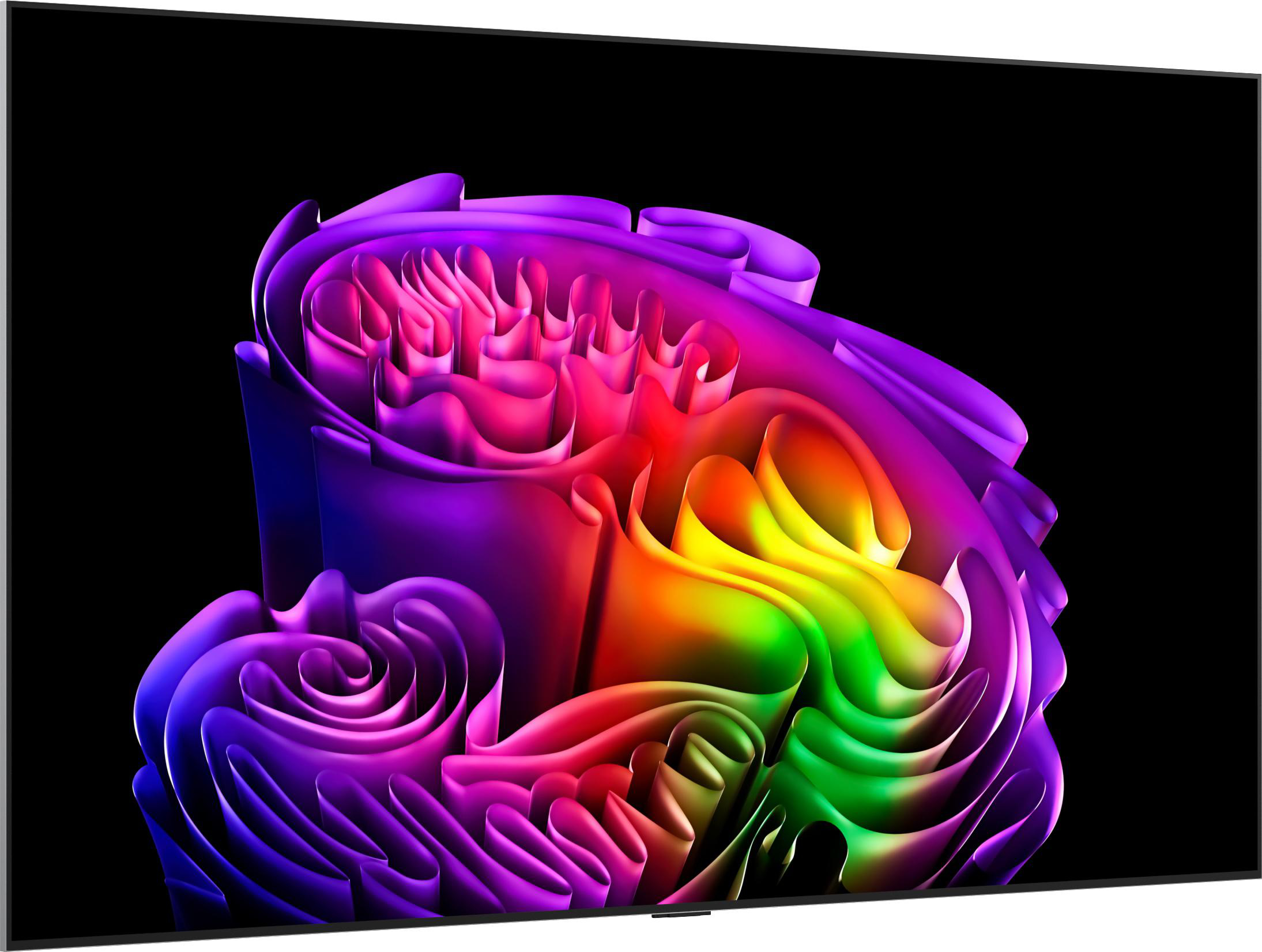 Abstrakte, bunte Wellen in Violett, Pink, Gelb und Grün auf schwarzem Hintergrund.