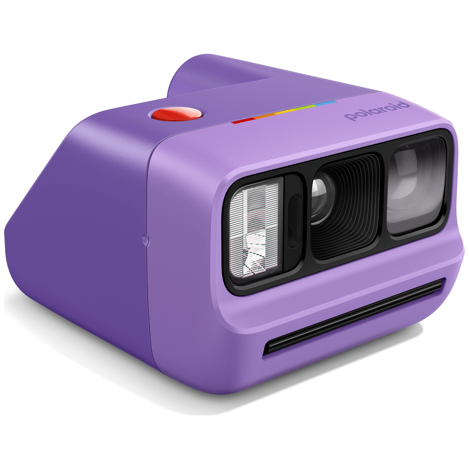 Un appareil photo instantané Polaroid violet avec bouton d'obturateur rouge et bande colorée.