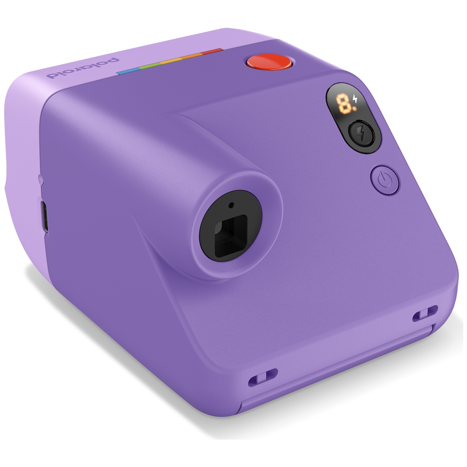 Un appareil photo instantané Polaroid violet avec un bouton d'obturateur rouge et un écran numérique.