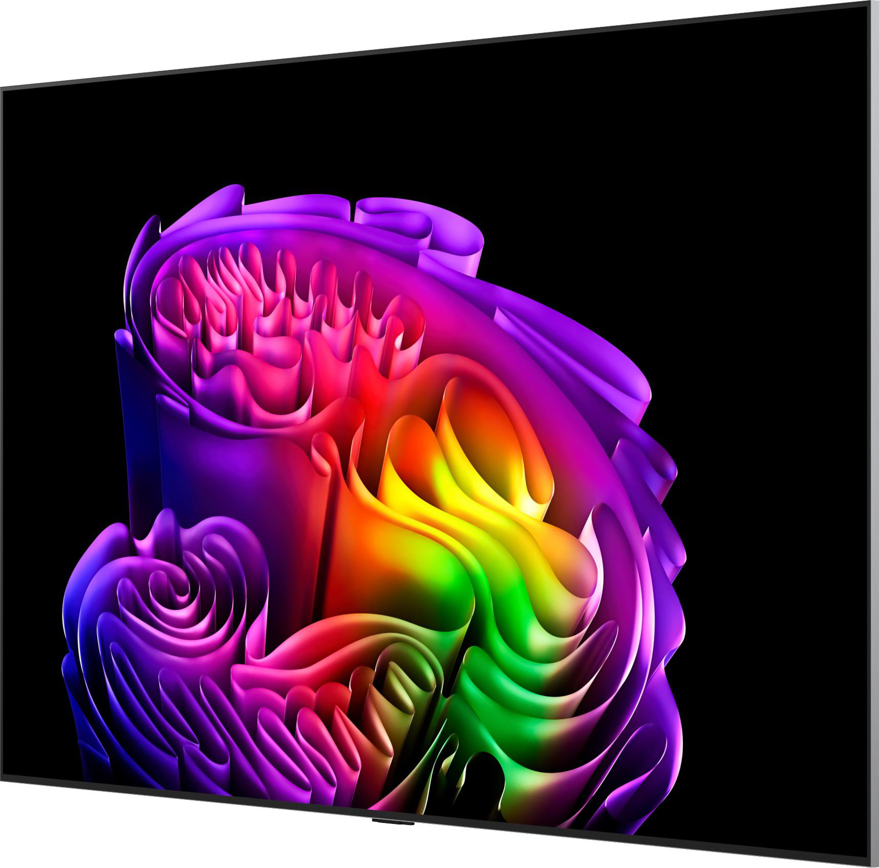 Ein moderner Fernseher zeigt eine abstrakte, regenbogenfarbene Skulptur auf schwarzem Hintergrund.