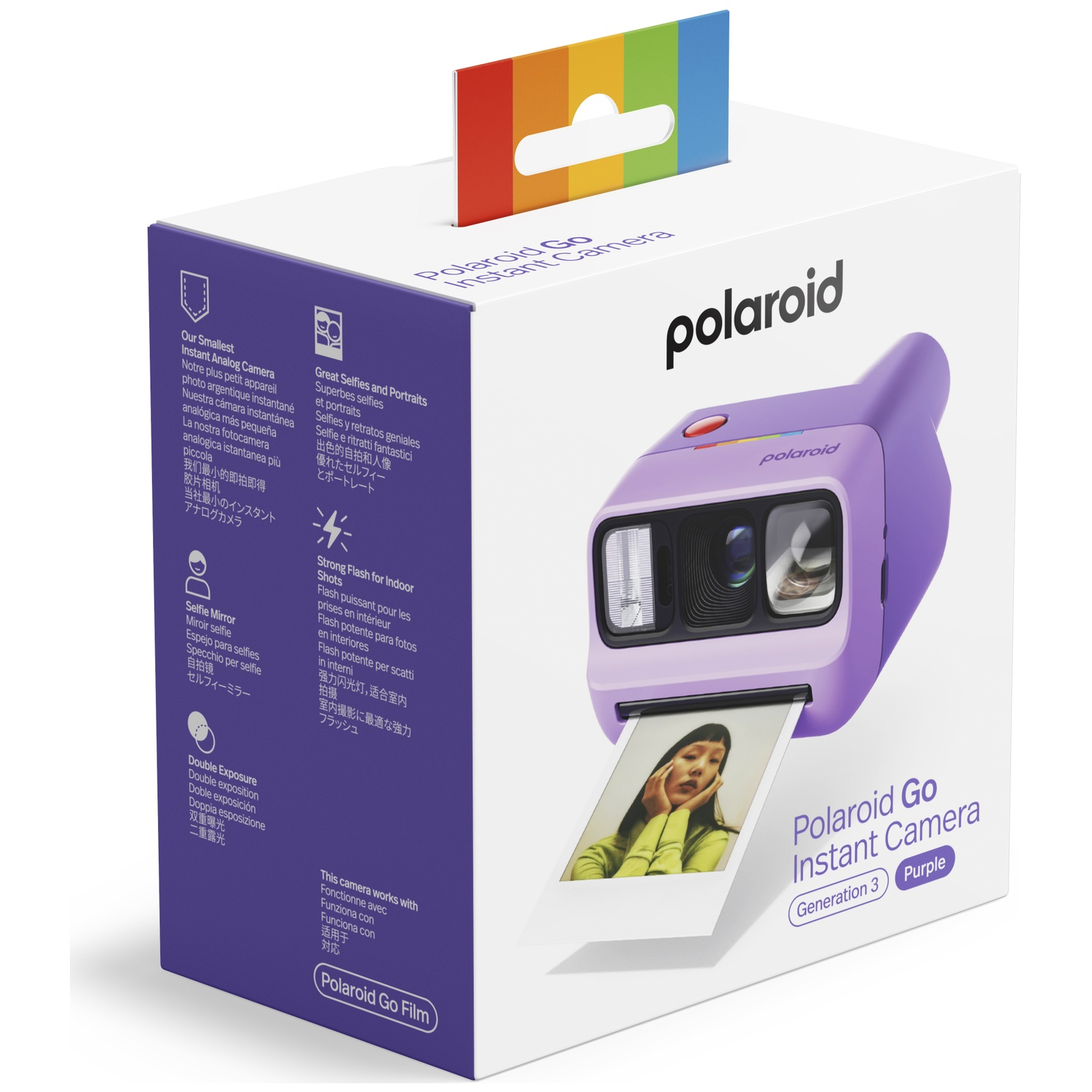 Appareil photo instantané Polaroid Go violet sur boîte blanche avec images et texte.