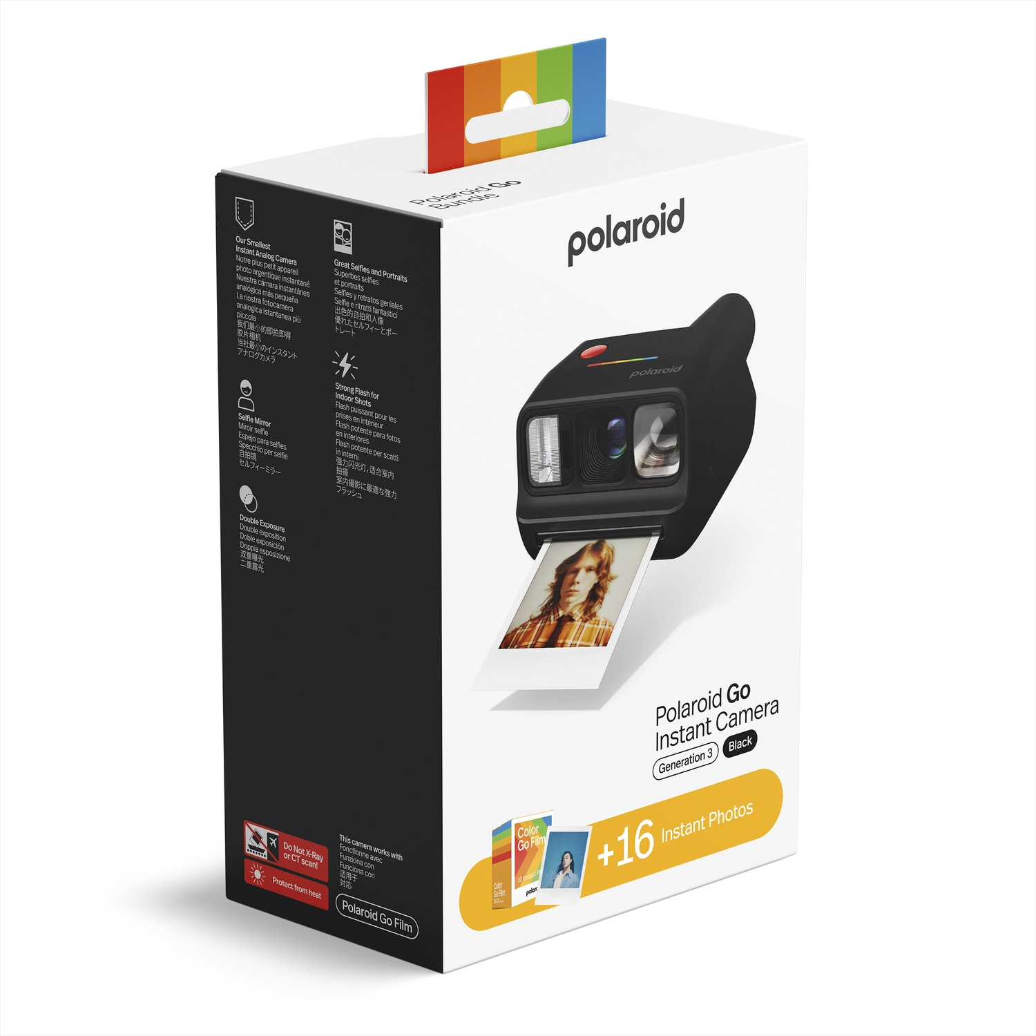 Emballage d'un appareil photo instantané Polaroid Go noir, montrant l'appareil et des paquets de film.
