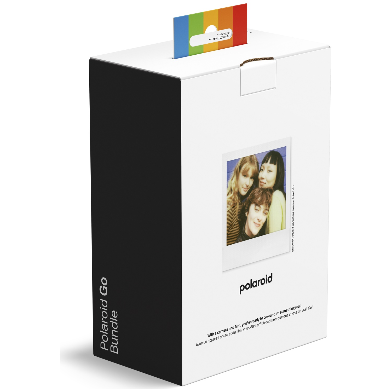 Boîte blanche avec logo Polaroid, photo de trois femmes et texte.