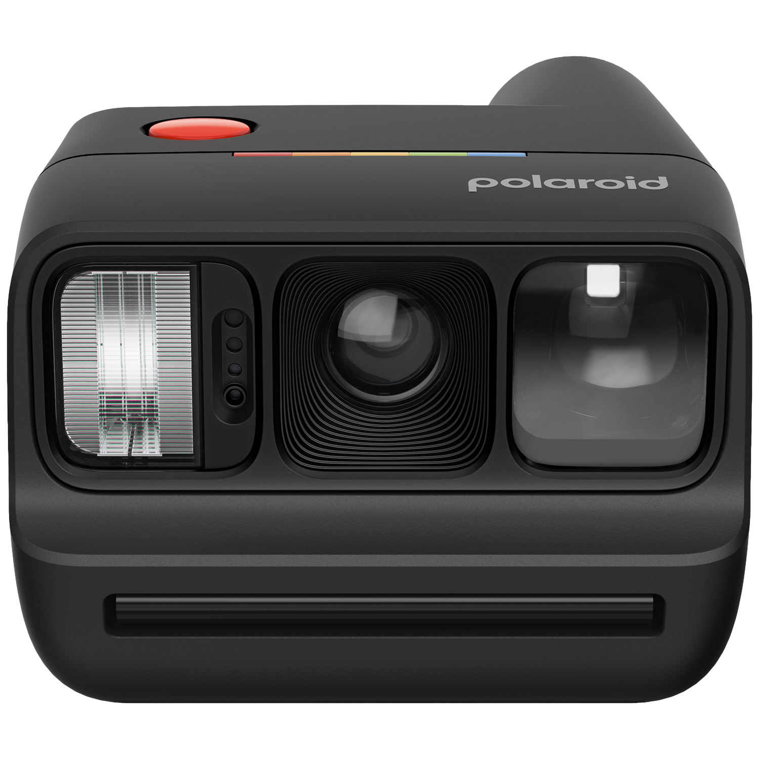 Appareil photo instantané Polaroid noir avec bouton rouge et lentilles.