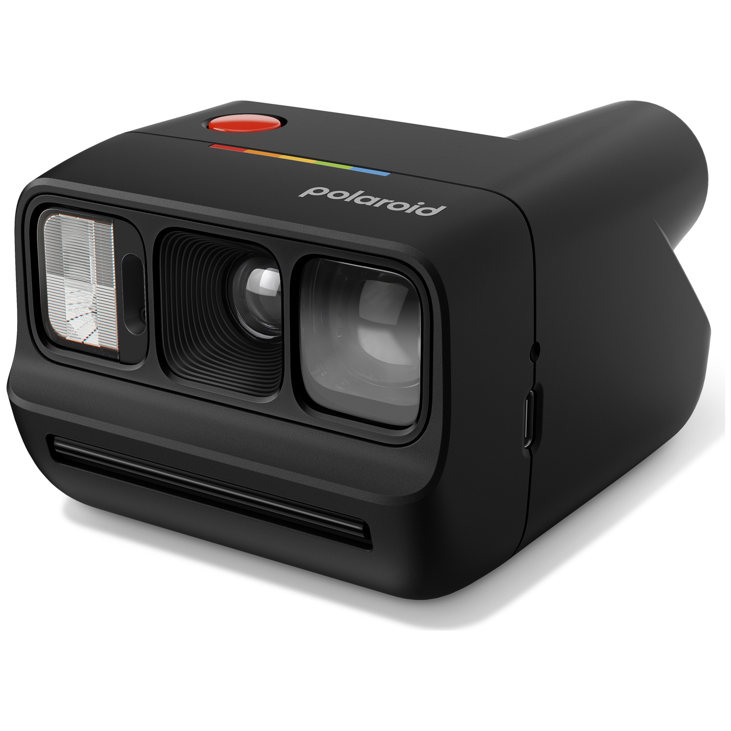 Un appareil photo instantané Polaroid noir avec un bouton rouge et des rayures arc-en-ciel.