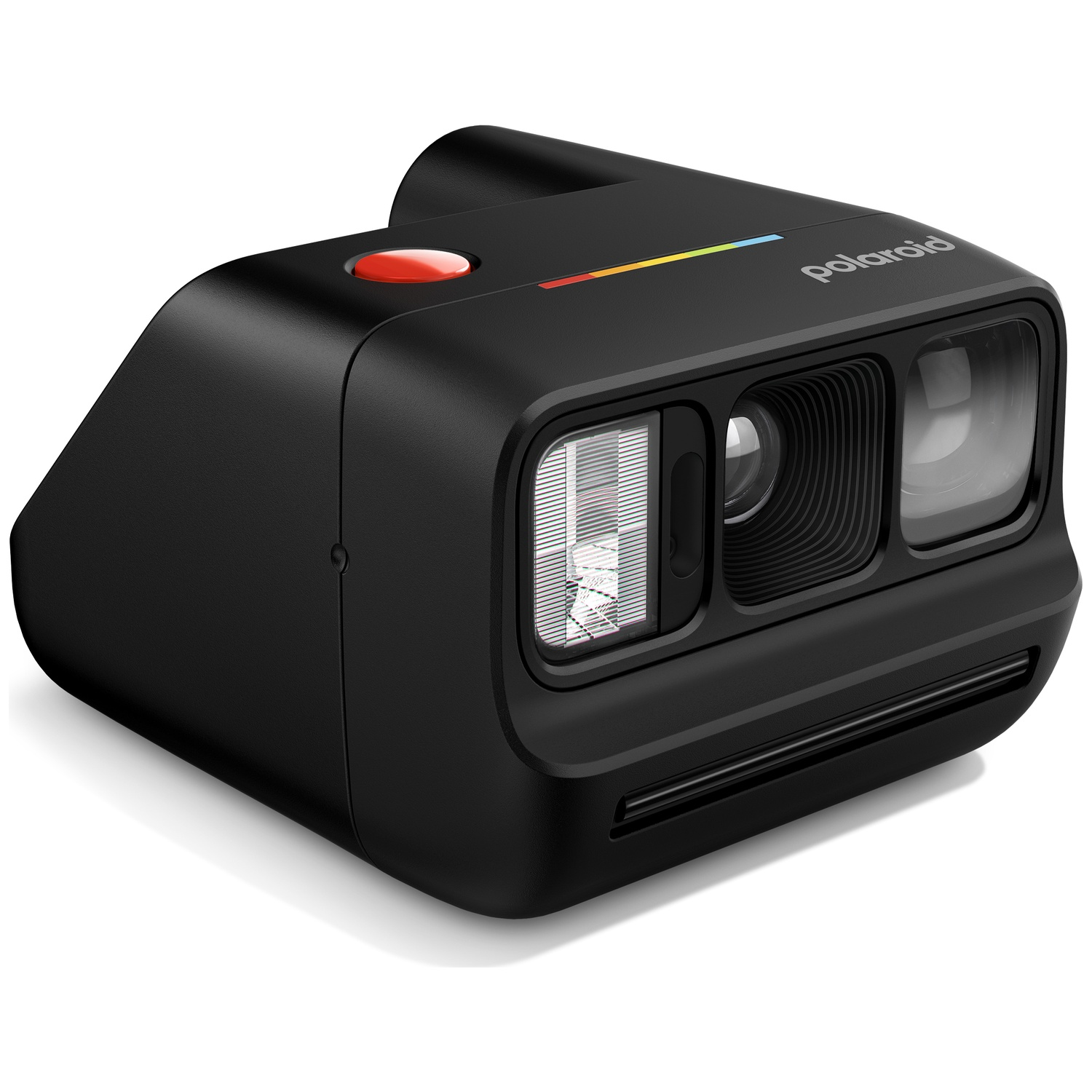 Appareil photo instantané Polaroid noir avec bouton rouge et rayures colorées.