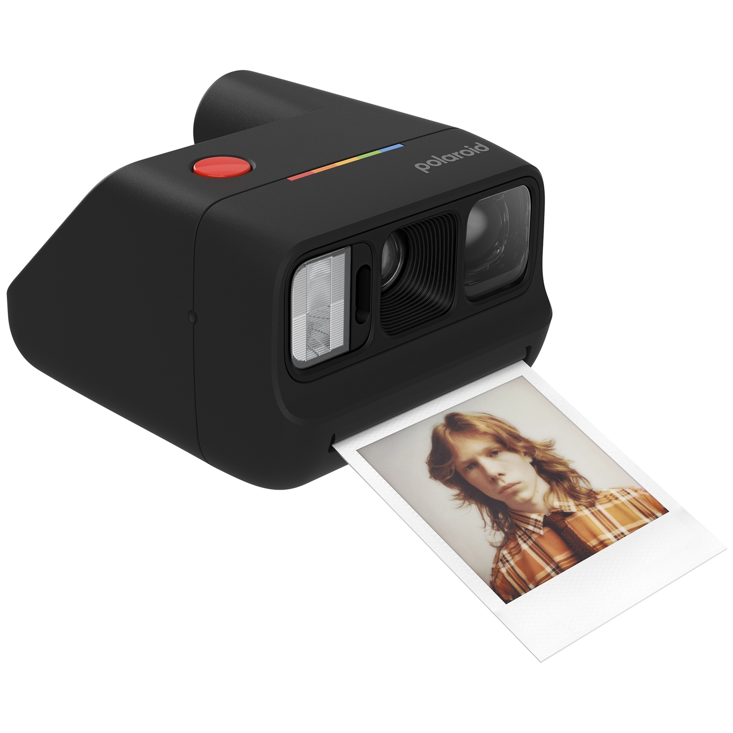 Appareil photo Polaroid noir avec bouton rouge et photo d'un jeune homme.