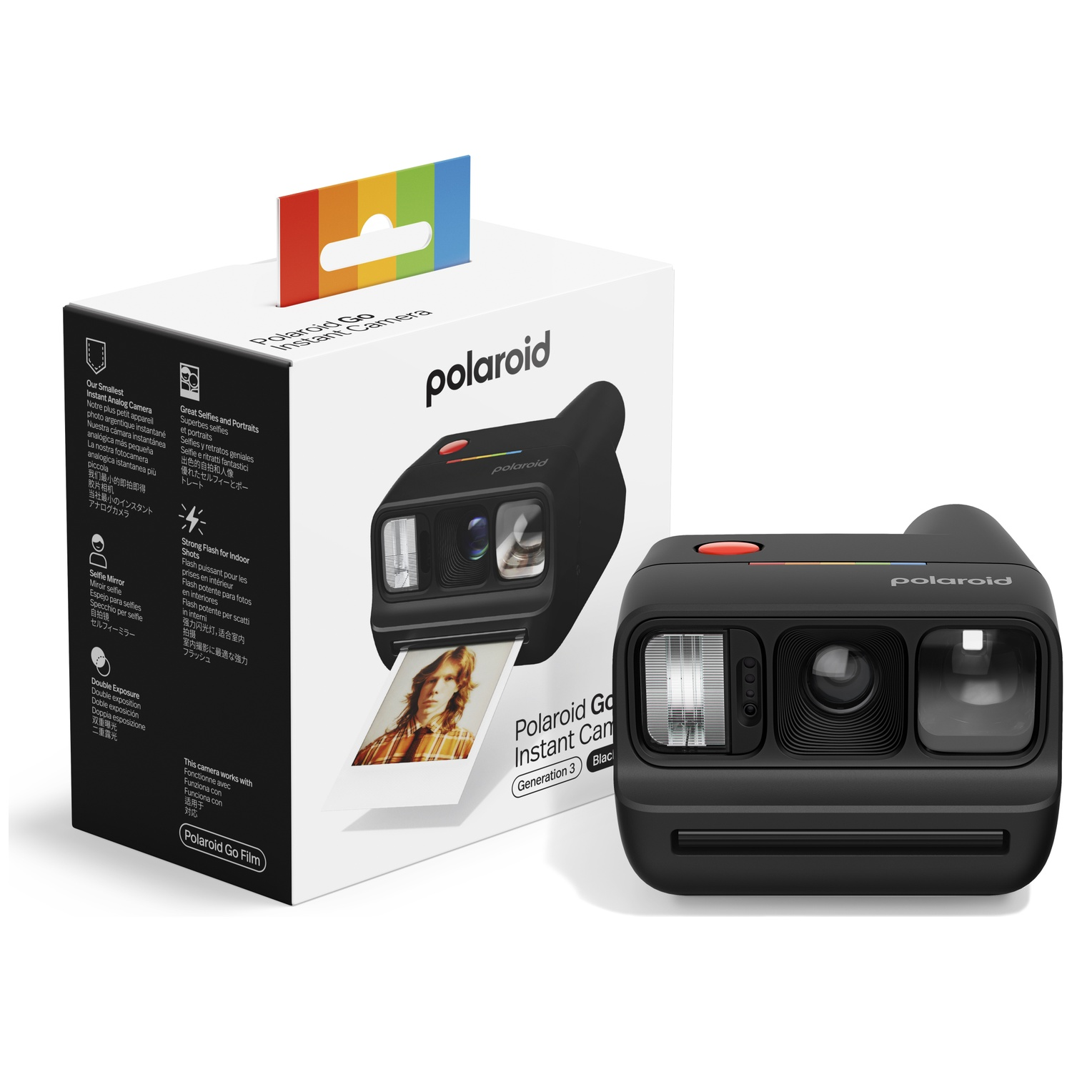 Appareil photo instantané Polaroid Go avec photo d'homme. Boîte à côté avec arc-en-ciel.