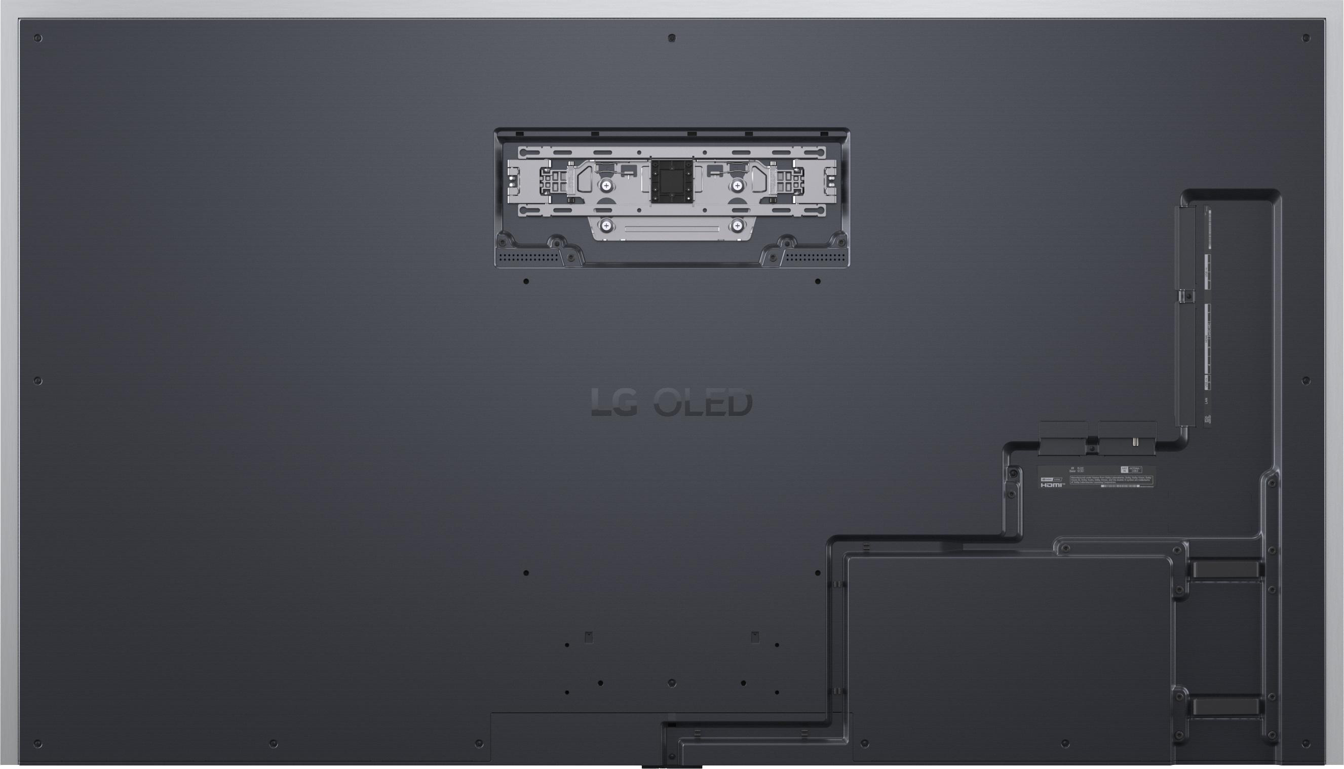 Rückseite eines LG OLED-Fernsehers mit Anschlüssen und Montagehalterungen.