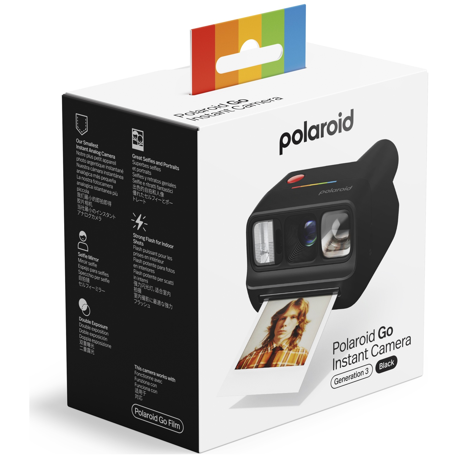 Appareil photo instantané Polaroid Go sur fond blanc avec une photo sortant.