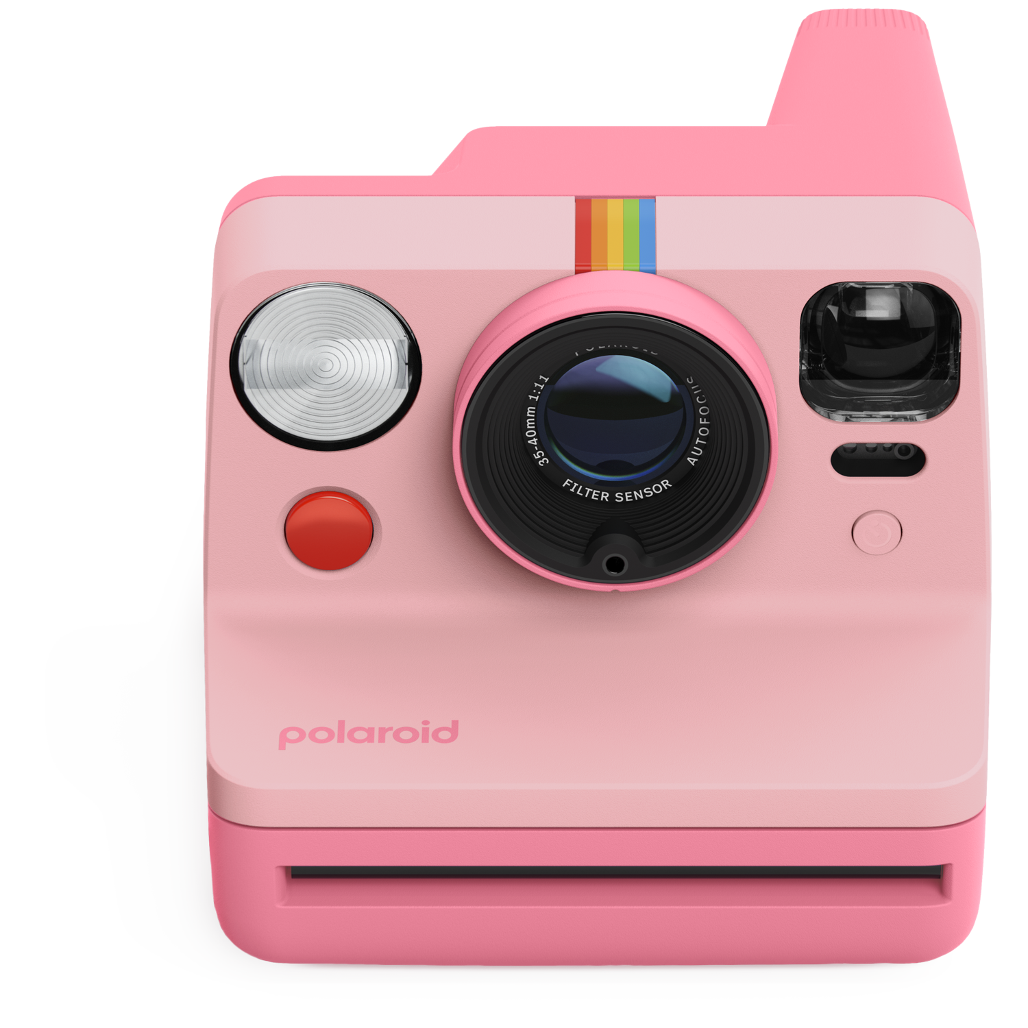 Een roze Polaroid camera met regenboogaccent en rode sluiterknop.