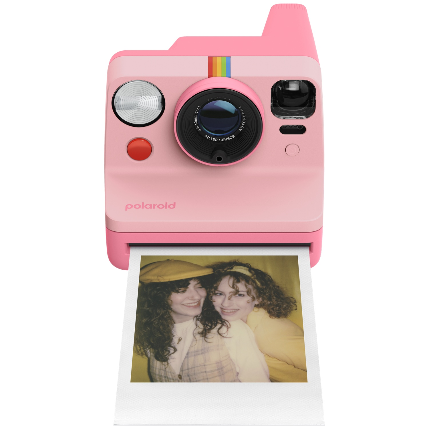 Een roze Polaroid camera met een foto van twee lachende vrouwen.