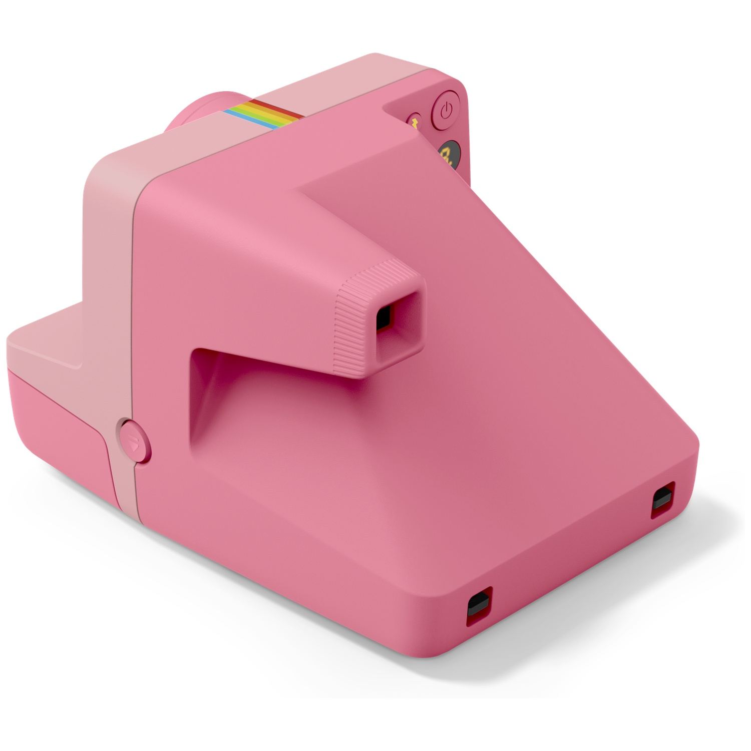 Een roze instantcamera met kleurrijke strepen bovenop.