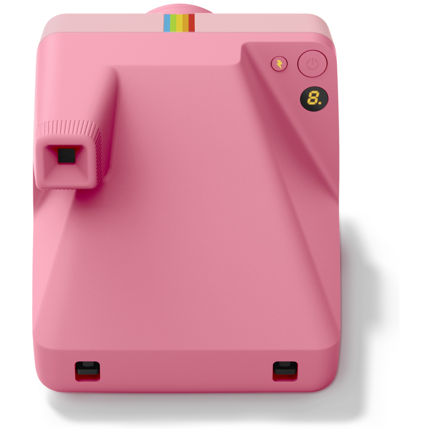 Een roze instantcamera met regenboogstrepen aan de bovenkant.