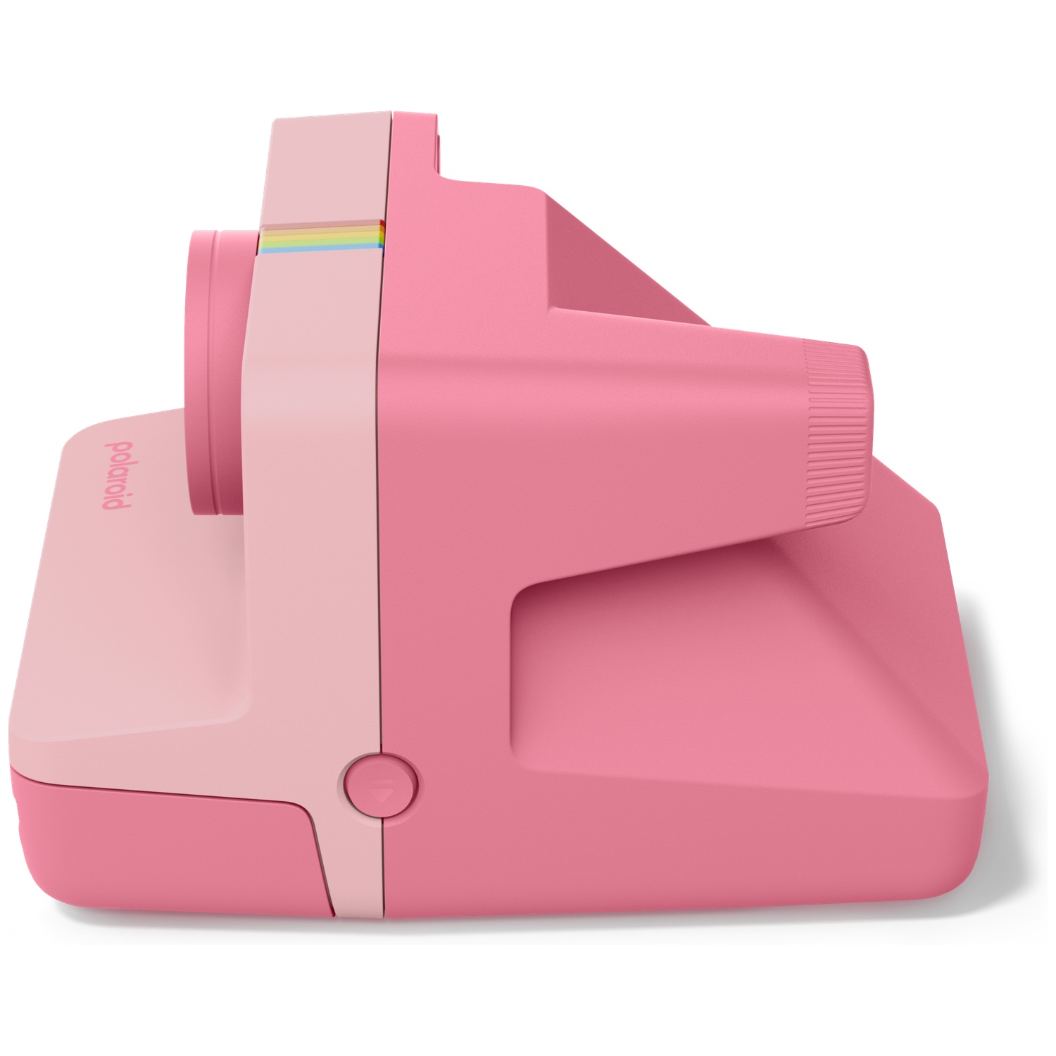 Een roze Polaroid camera met regenboogaccenten is van de zijkant te zien.