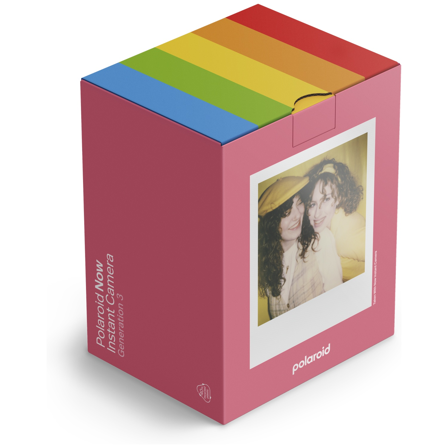 Roze doos met Polaroid camera foto en regenboog bovenkant.
