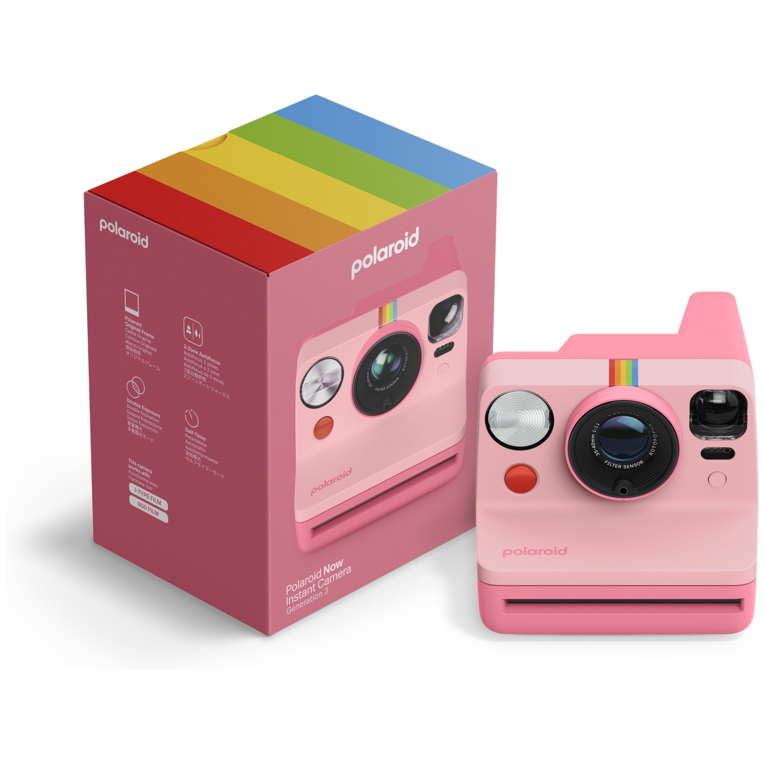 Een roze Polaroid instant camera naast de kleurrijke verpakking.