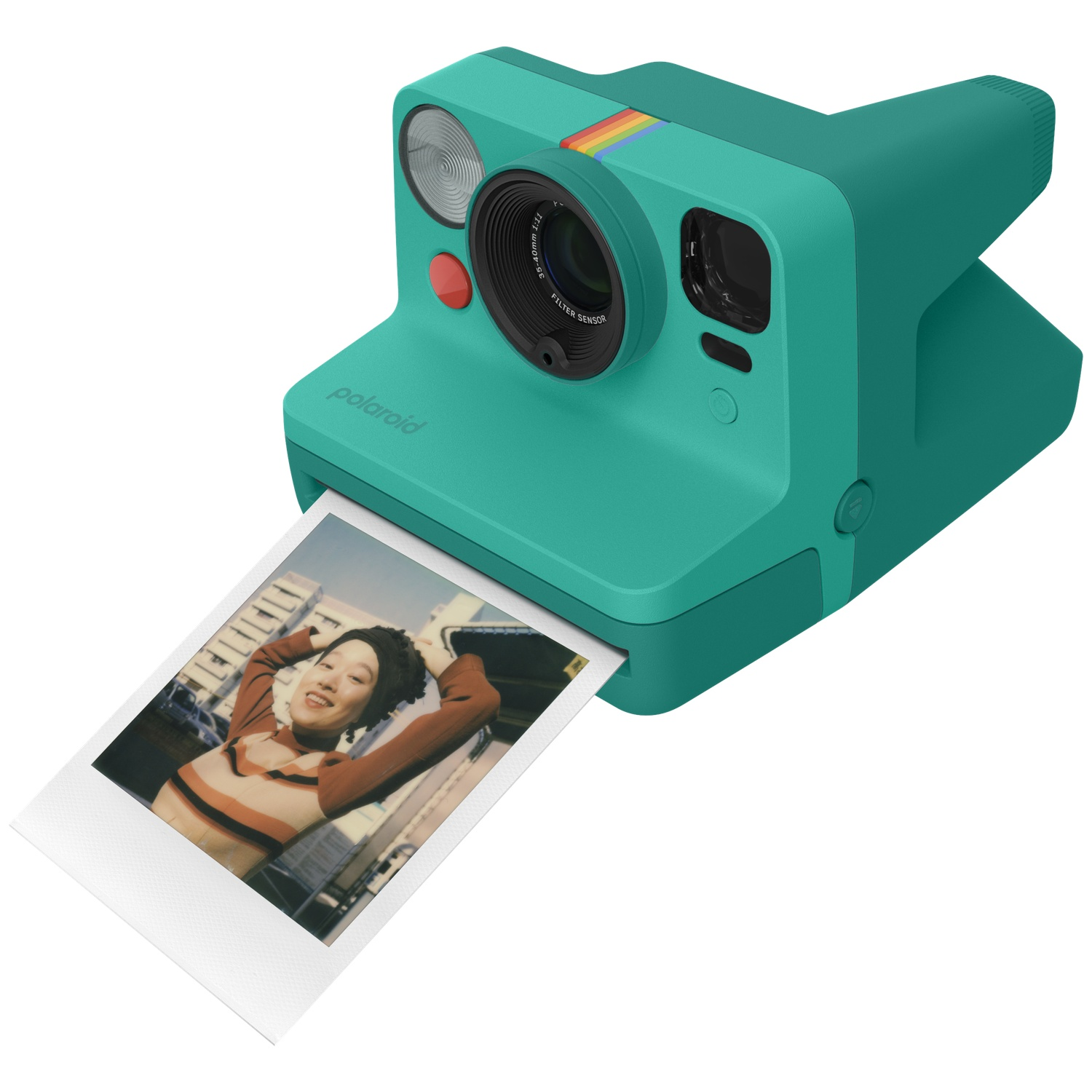 Turquoise Polaroid instant camera met foto van vrouw met handen in haar.