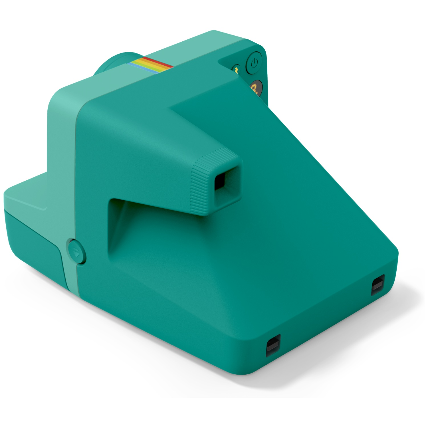 Een teal instant camera met regenboogstrepen en een lens.
