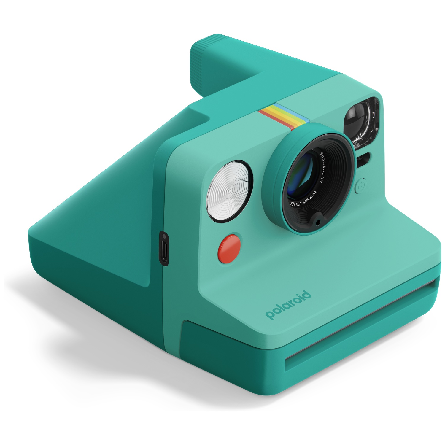 Turquoise Polaroid instantcamera met regenboogstreep en lens.
