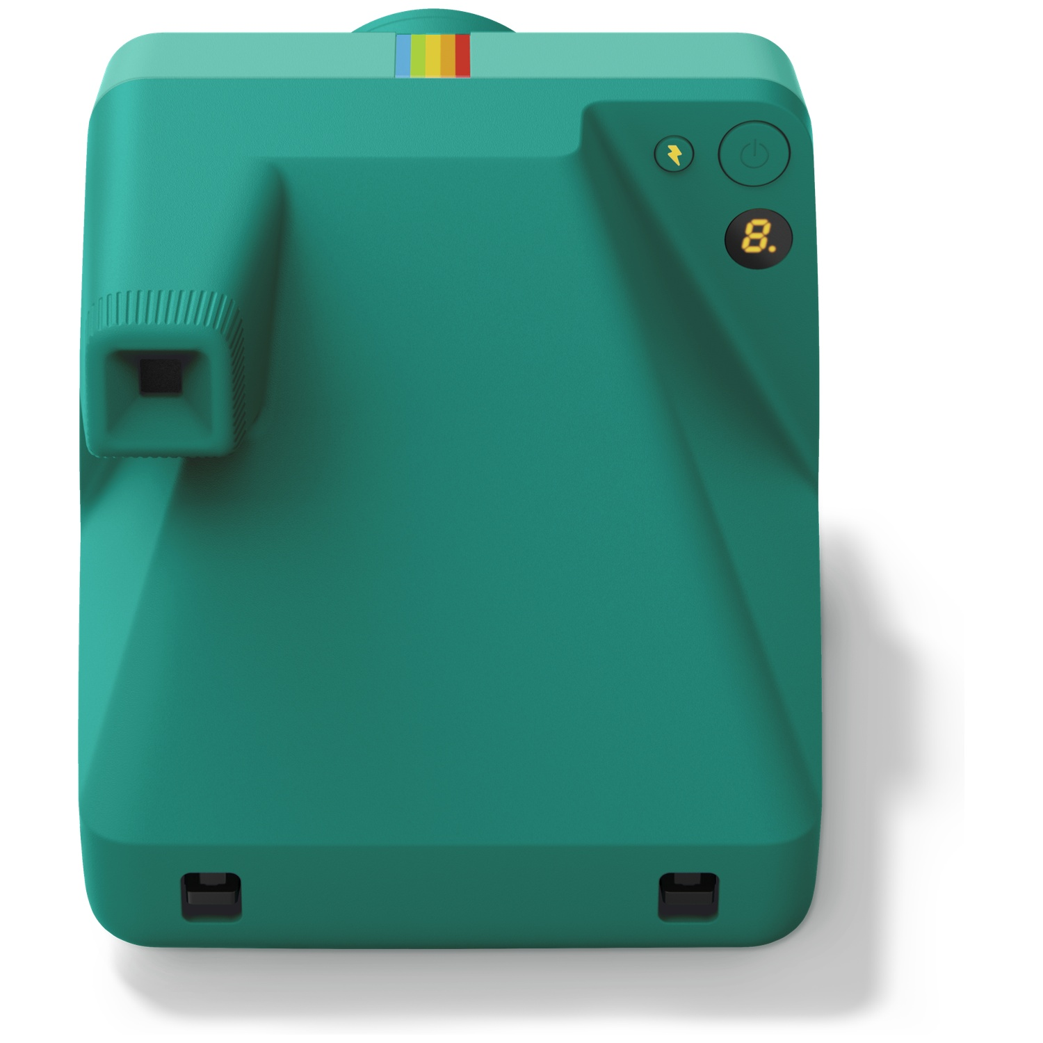 Groenblauwe instant camera met regenboogstreep en digitaal display '8.'