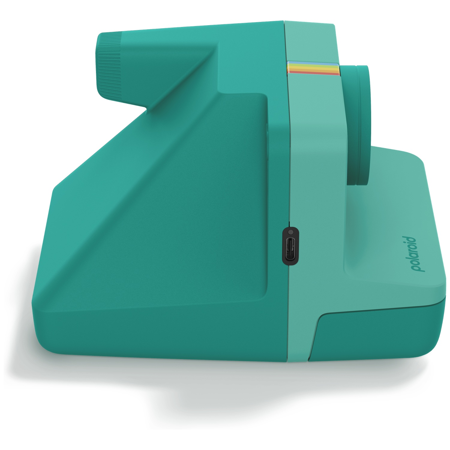 Een turquoise Polaroid direct-klaar camera op een witte achtergrond.