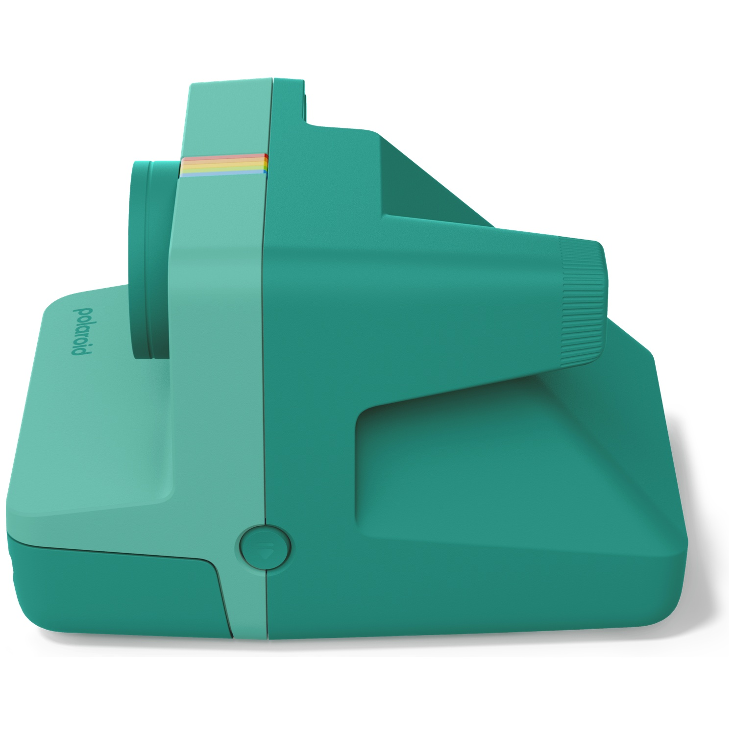 Een turquoise Polaroid instant camera met regenboogstrepen aan de voorkant.