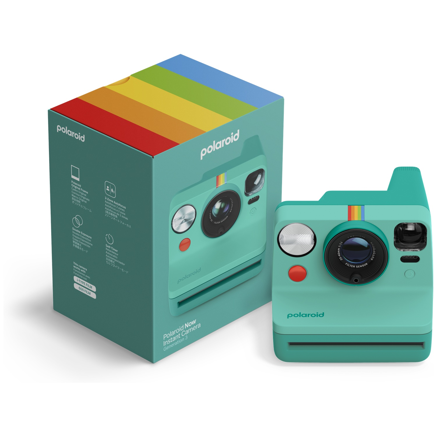 Een teal Polaroid Now instant camera en doos, rechts gepositioneerd.
