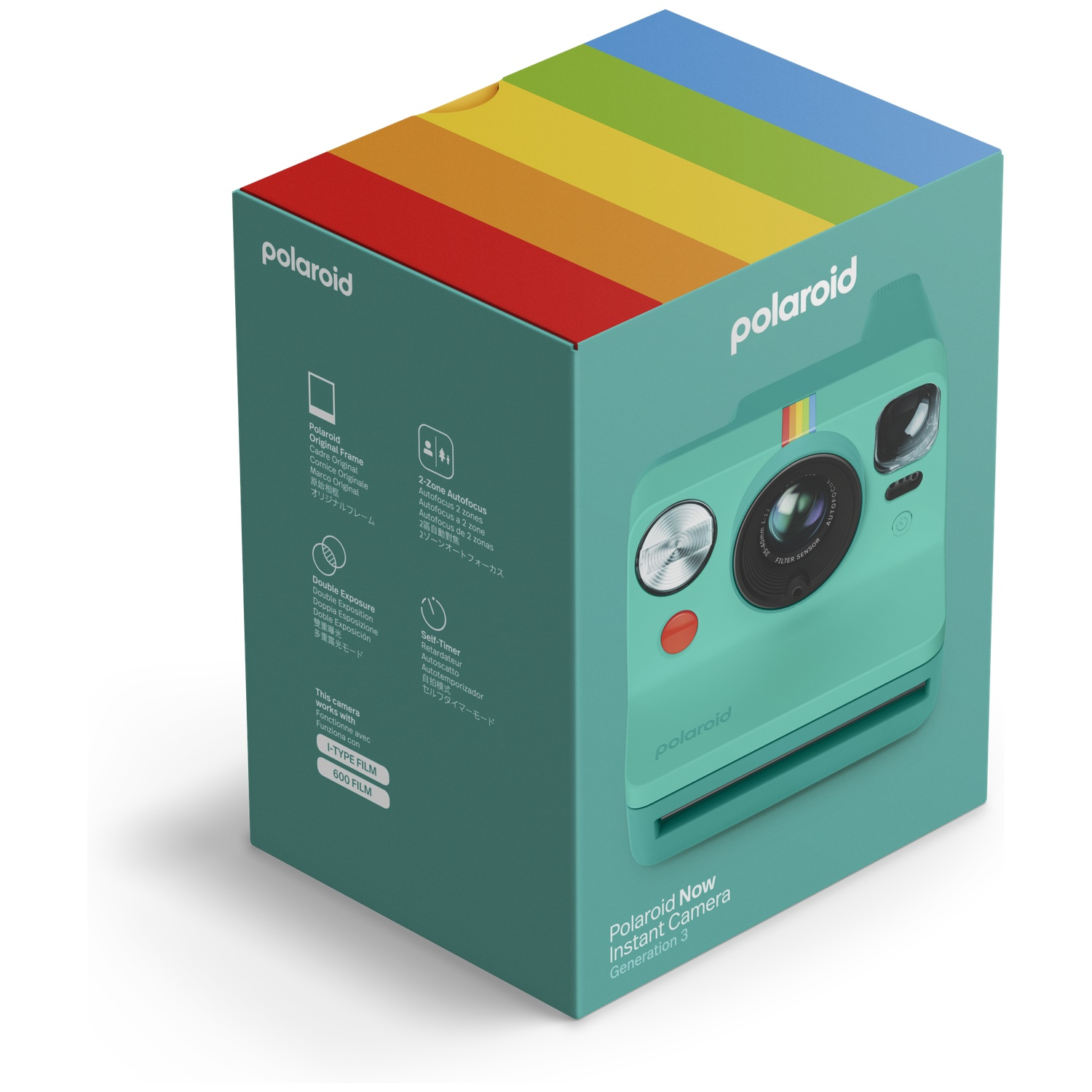 Een mintgroene Polaroid Now Instant Camera Gen 3 doos met regenboogstrepen op de deksel.
