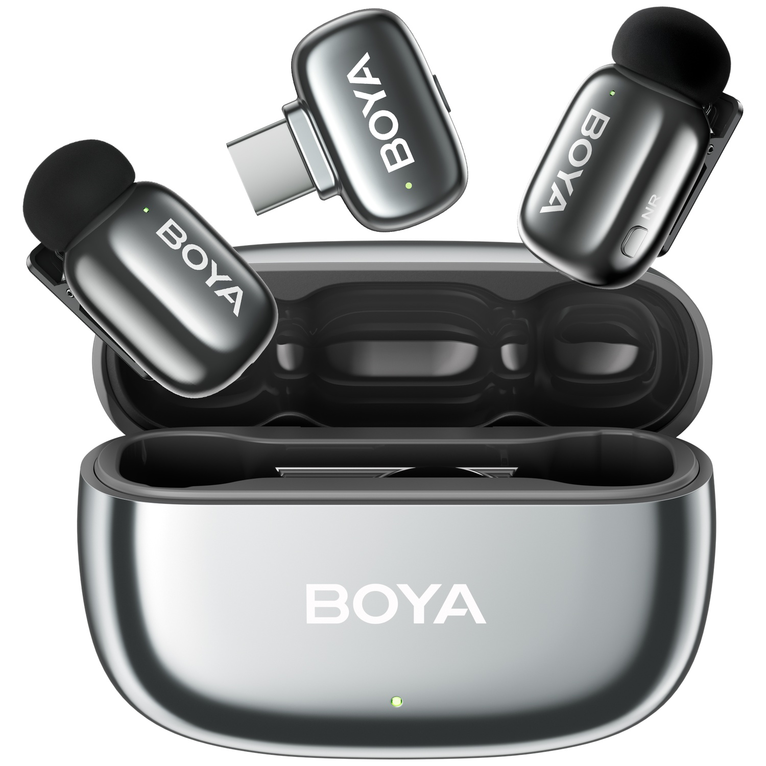 Silver BOYA microphone set with charging case and two clips.