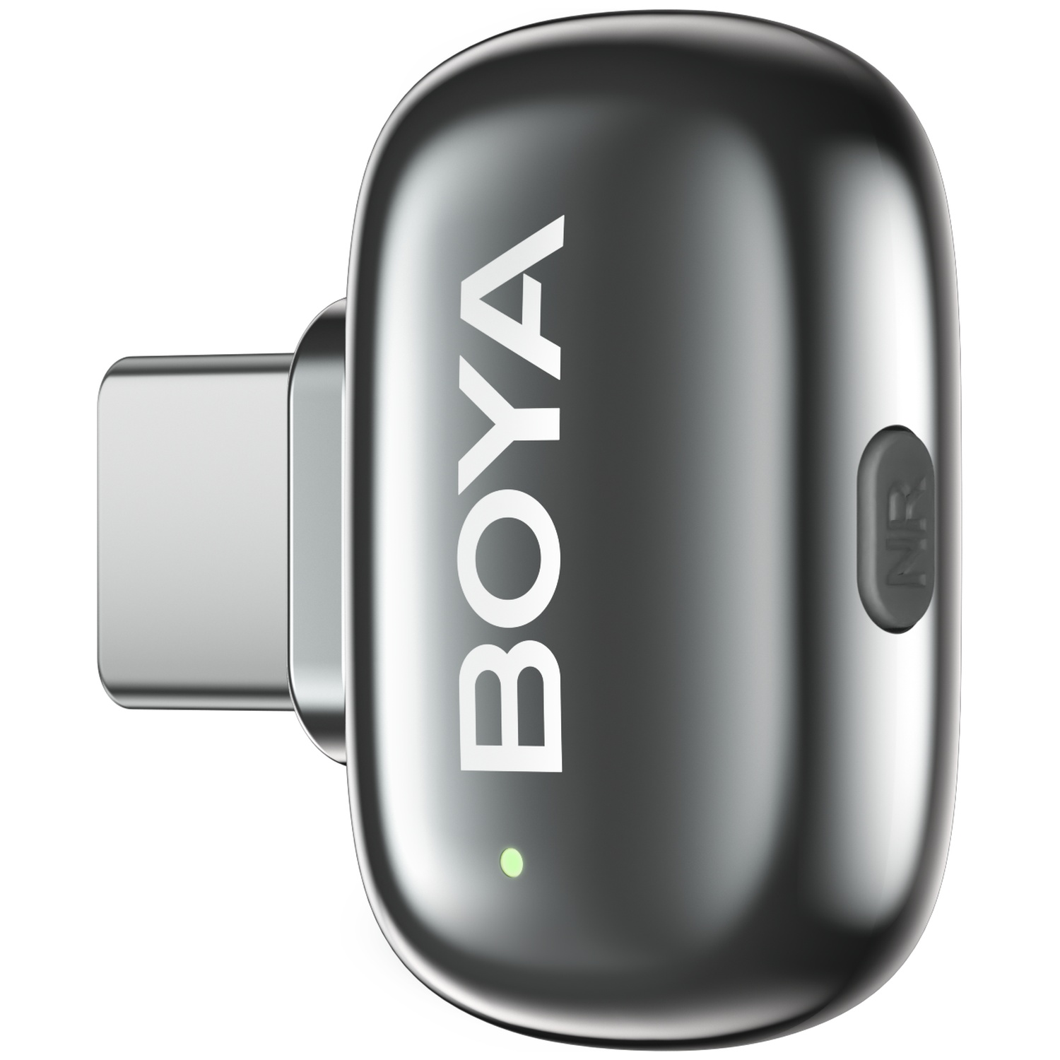 Silver microphone adapter with BOYA logo and NR button.