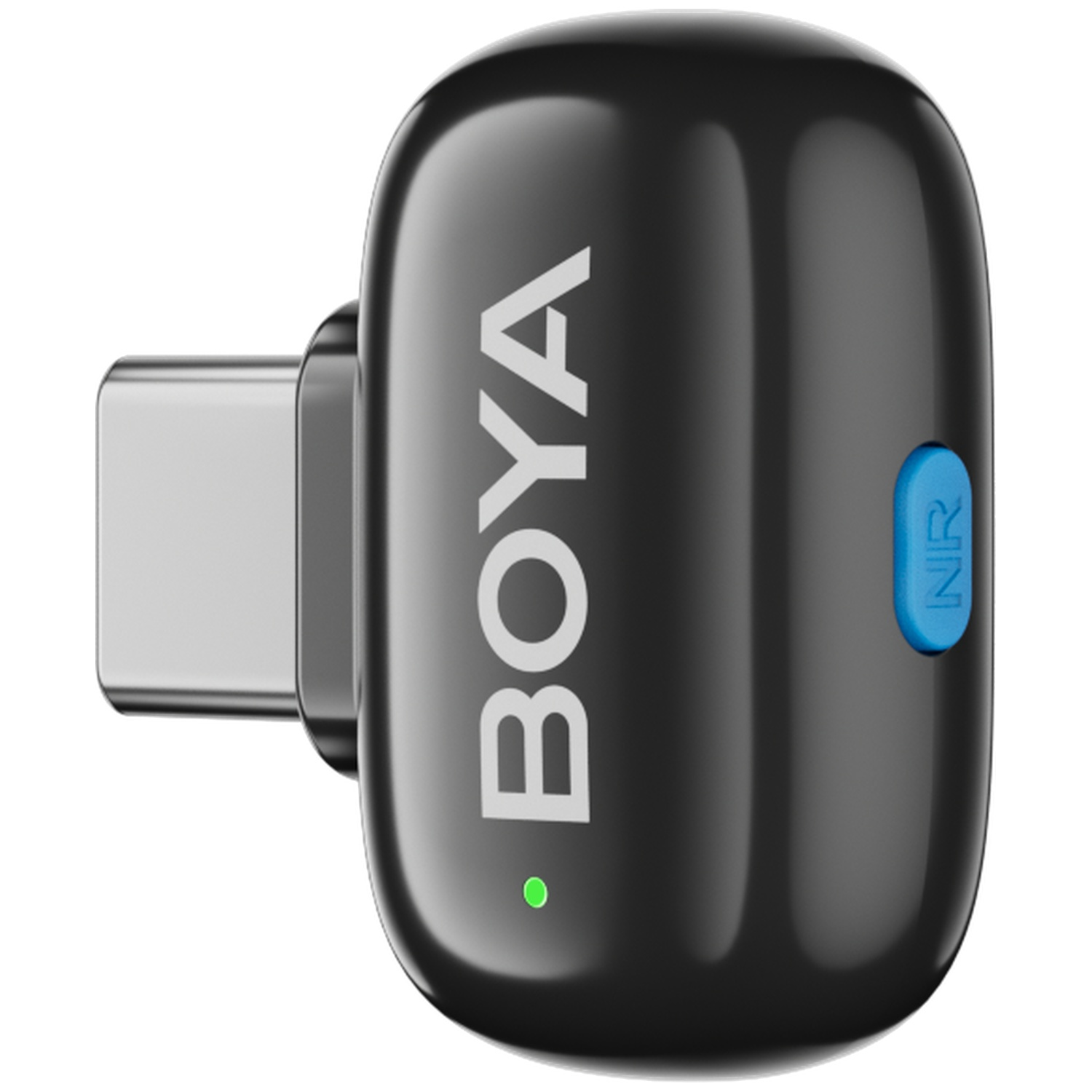 A black BOYA microphone adapter with a blue NR button and USB-C connector.