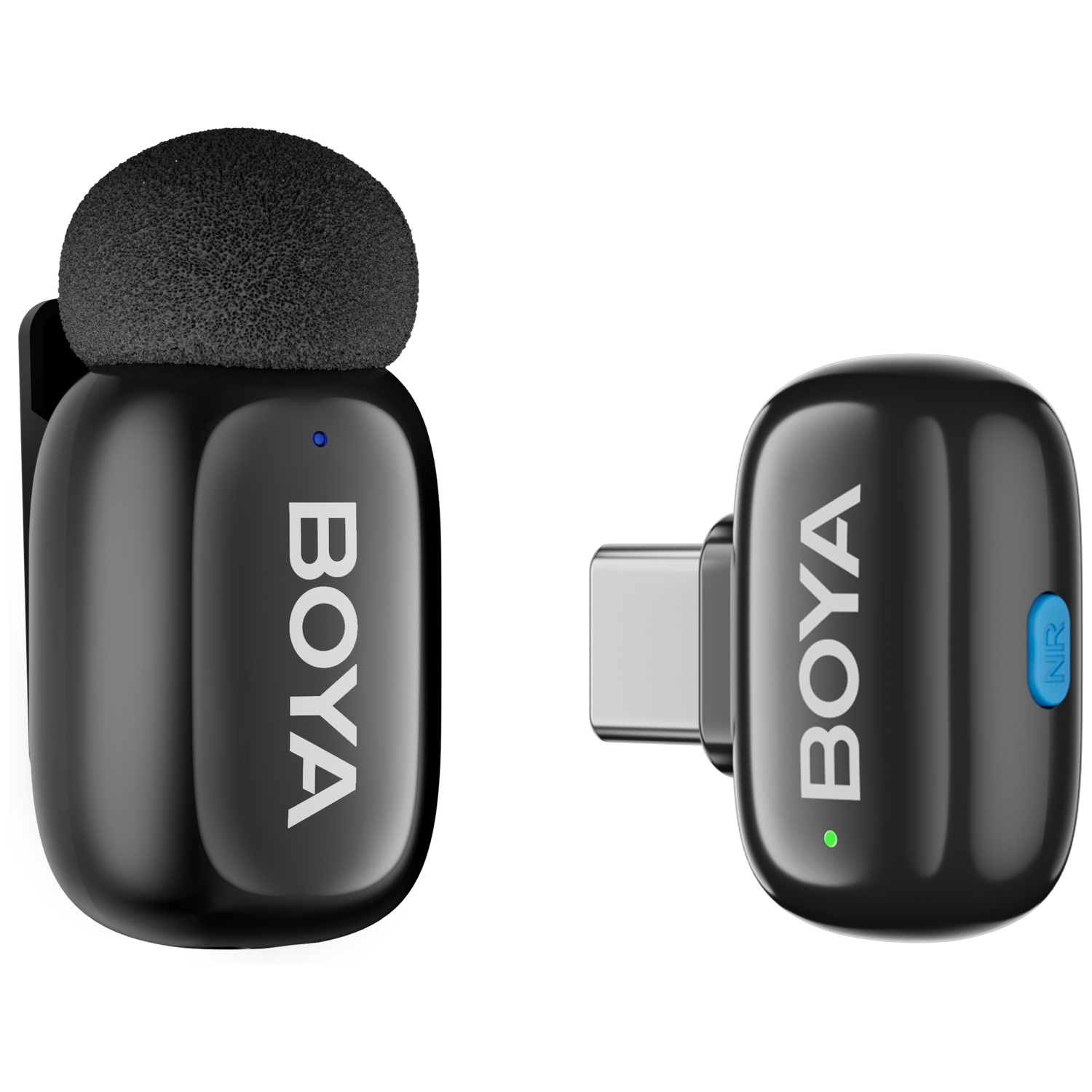 Two black BOYA microphones, one with foam, one with USB-C connector.