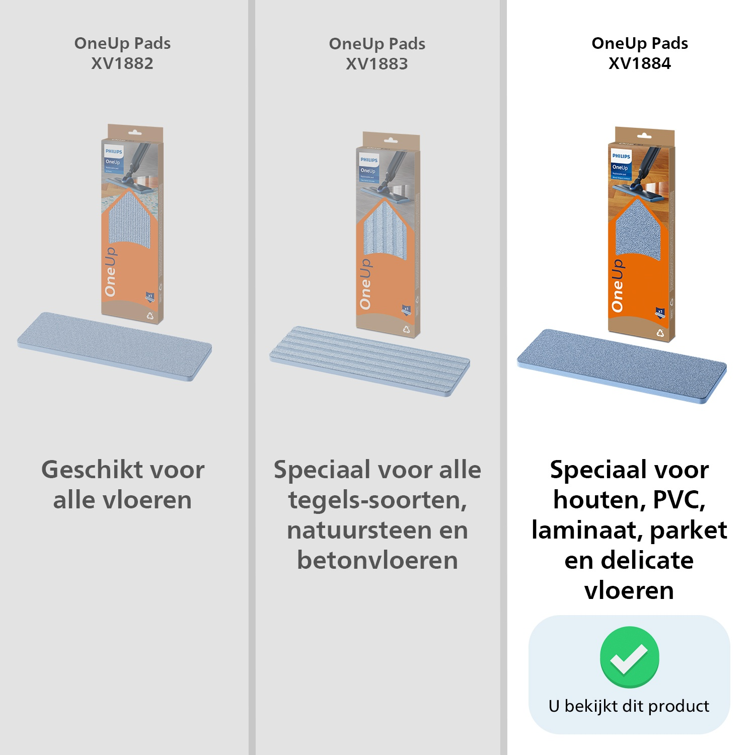 Trois tampons de nettoyage : XV1882 tous sols, XV1883 carrelage/pierre, XV1884 bois/stratifié.