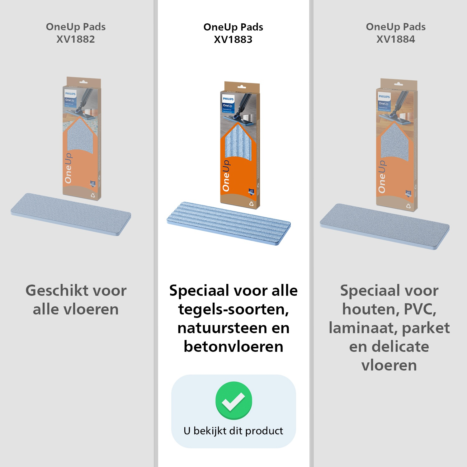 Trois tampons Philips OneUp : XV1882 (tous sols), XV1883 (carrelage/pierre), XV1884 (bois/PVC).