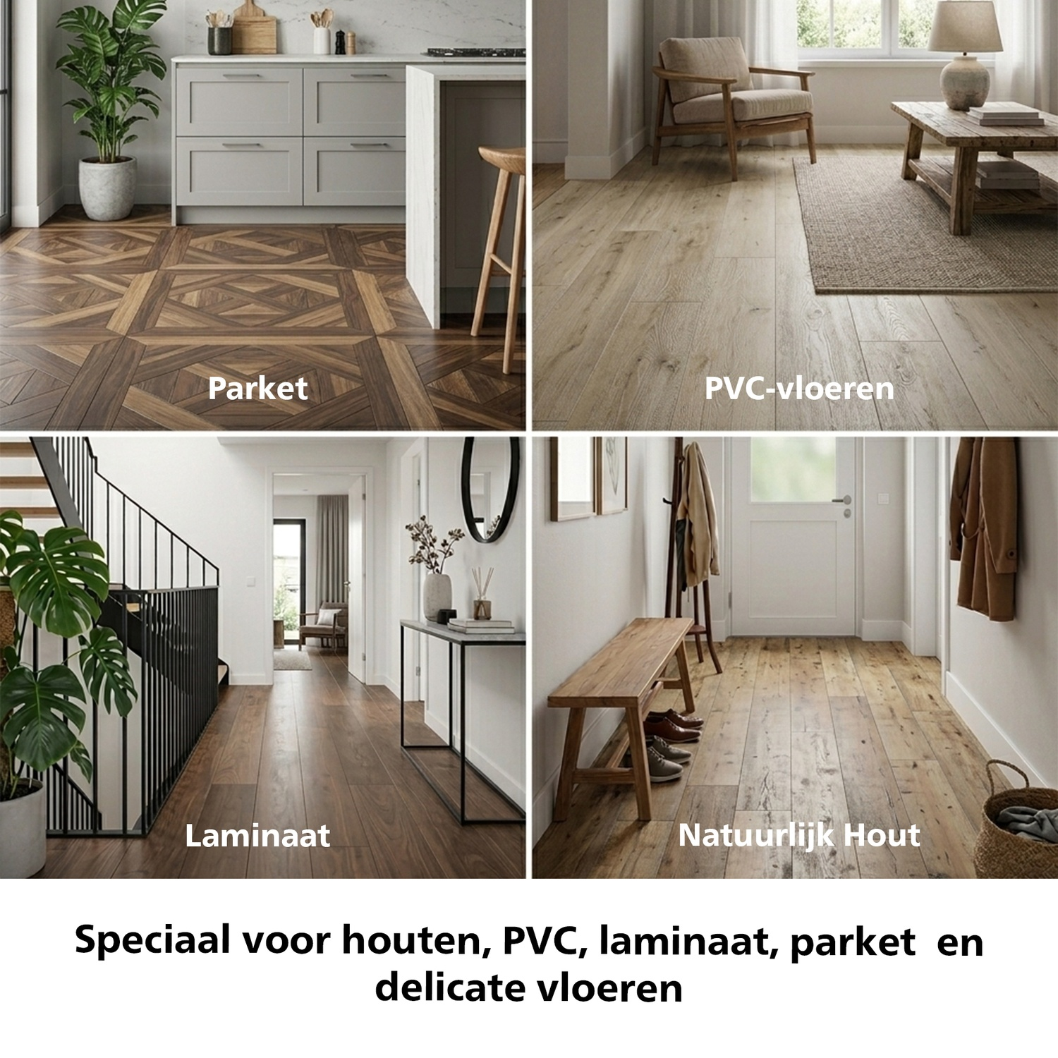 Quatre types de sols: cuisine en parquet, salon PVC, couloir stratifié, couloir en bois.