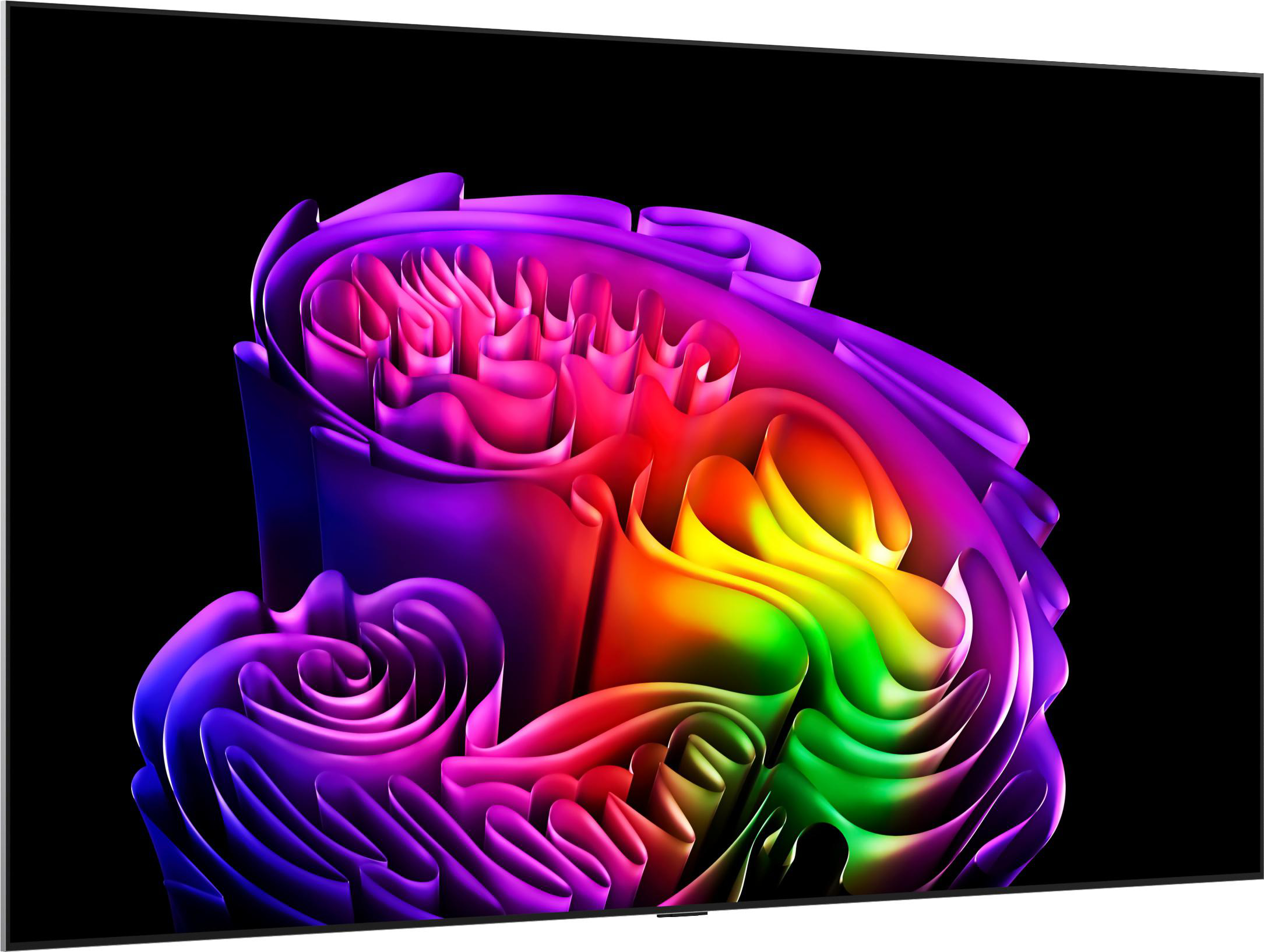 Abstrakte, bunte Formen in Lila, Rosa, Rot, Orange, Gelb und Grün auf schwarzem Hintergrund.