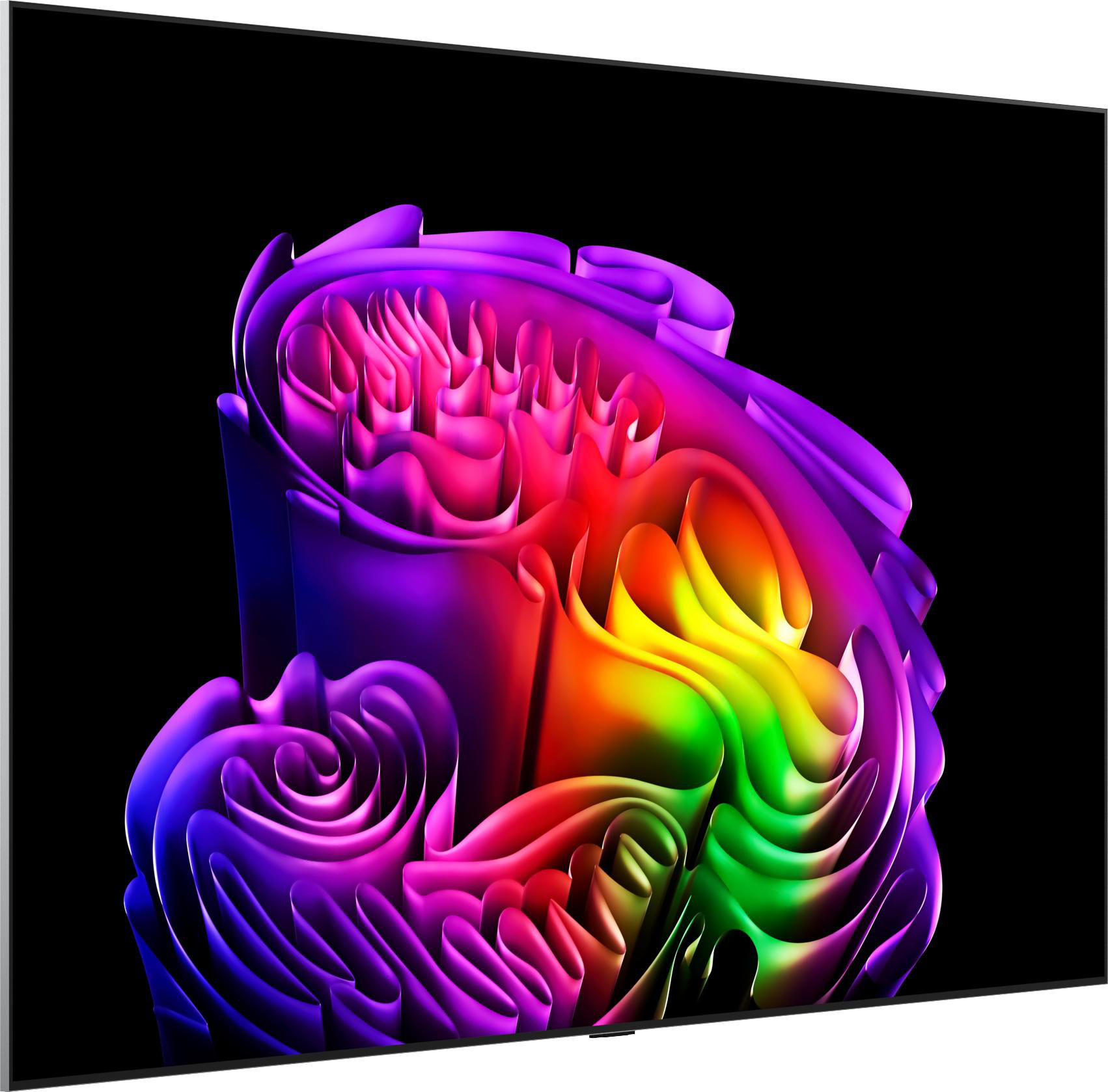 Abstrakte, geschwungene Formen in Regenbogenfarben auf schwarzem Hintergrund.