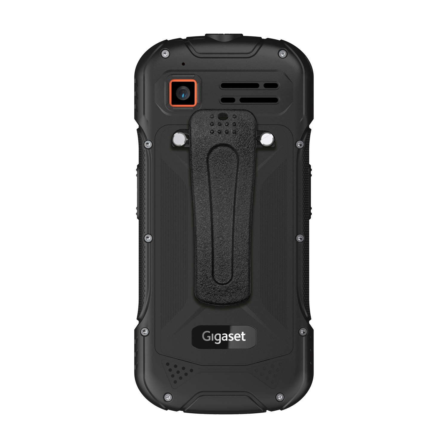 Retro di uno smartphone Gigaset nero con fotocamera e clip da cintura.
