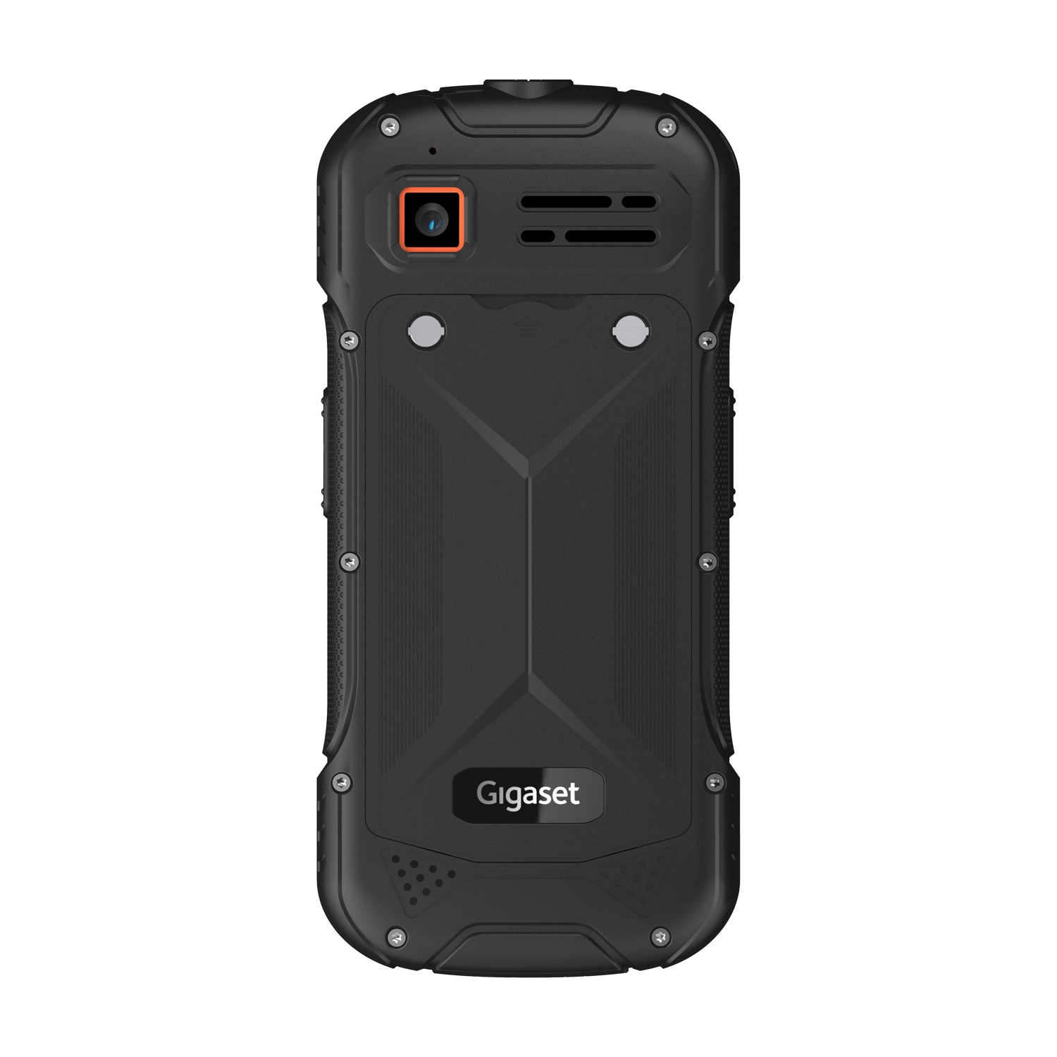 Retro di uno smartphone Gigaset nero robusto con fotocamera e griglie altoparlanti.