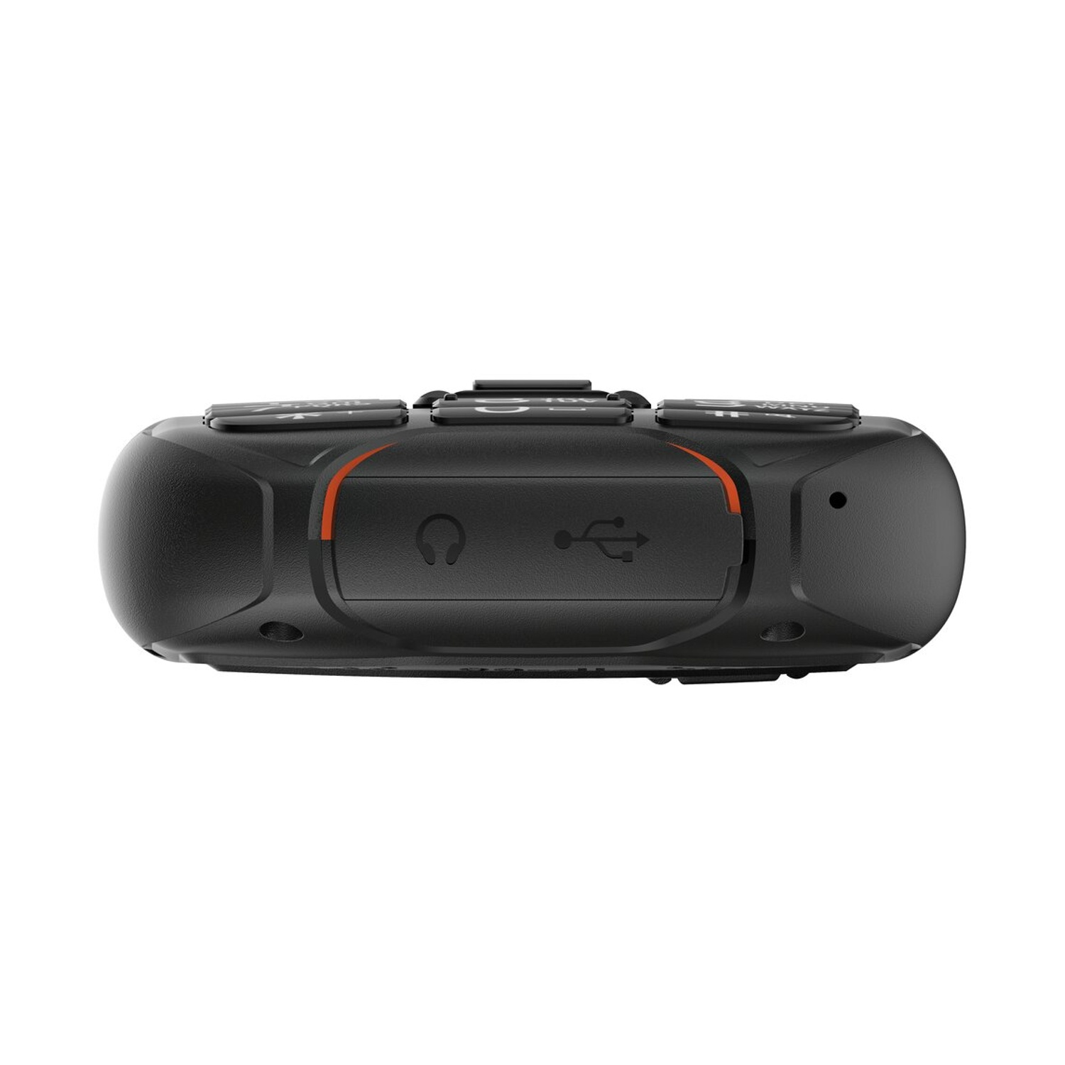 Dispositivo nero con porta USB e cuffie, pulsanti in alto.