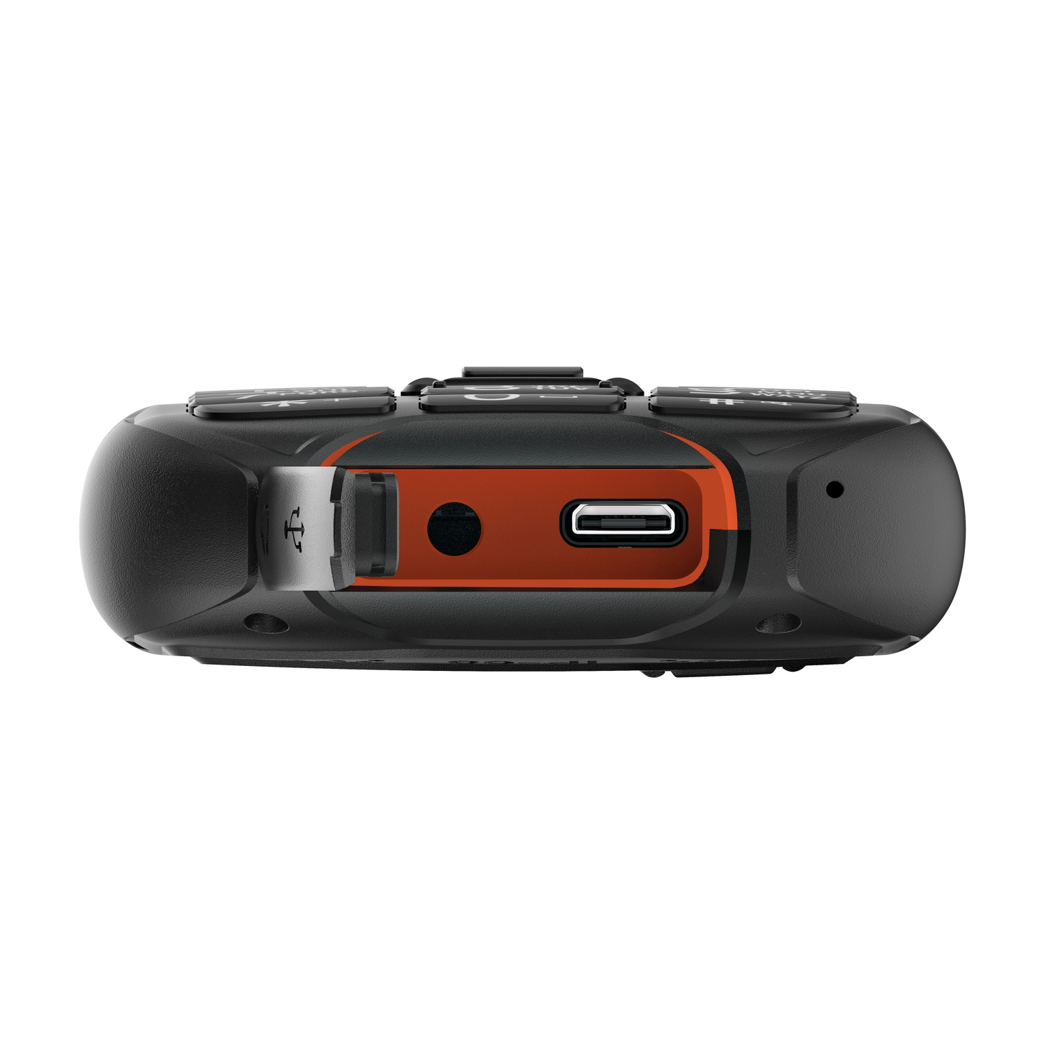 Dispositivo nero con ritaglio arancione, USB-C e jack cuffie.