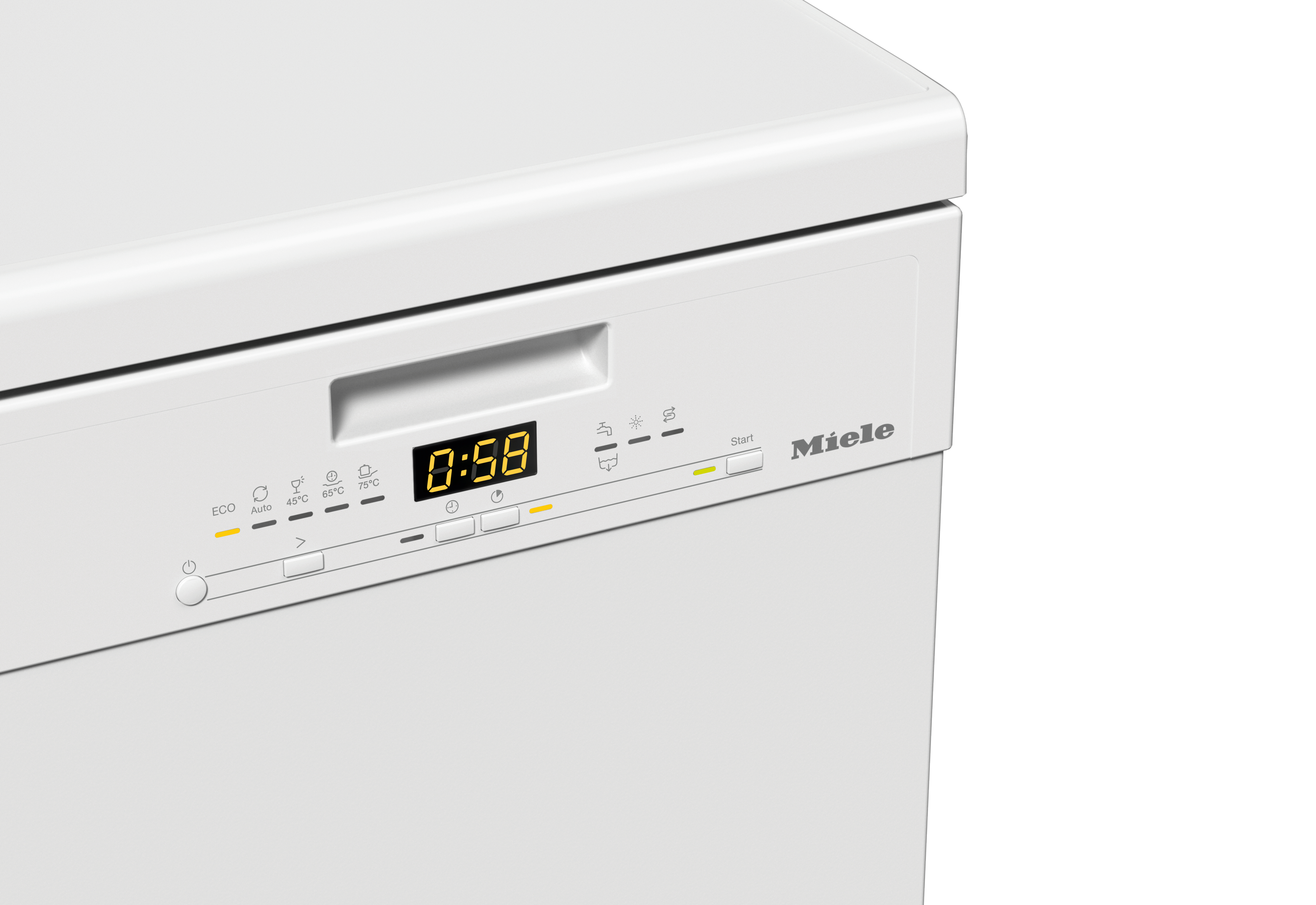 Ein weißer Miele Geschirrspüler mit digitaler Anzeige zeigt 0:58.